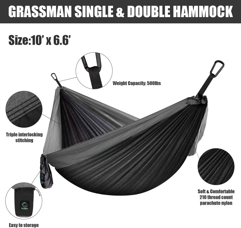Grassman Camping Hammock Double & Single Portable Hammock with Tree Straps, Lightweight Nylon Parachute Hammocks Camping Accessories Gear for Indoor Outdoor Backpacking, Travel, Hiking, Beach