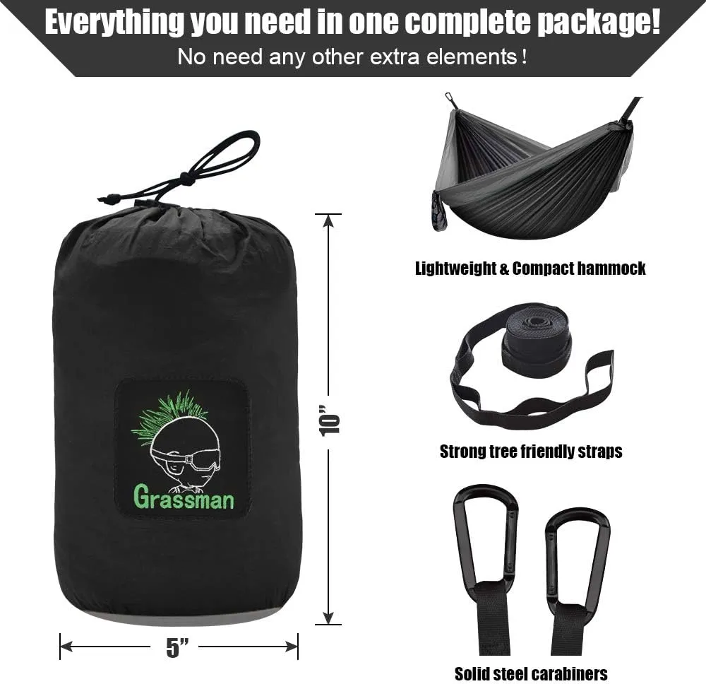 Grassman Camping Hammock Double & Single Portable Hammock with Tree Straps, Lightweight Nylon Parachute Hammocks Camping Accessories Gear for Indoor Outdoor Backpacking, Travel, Hiking, Beach