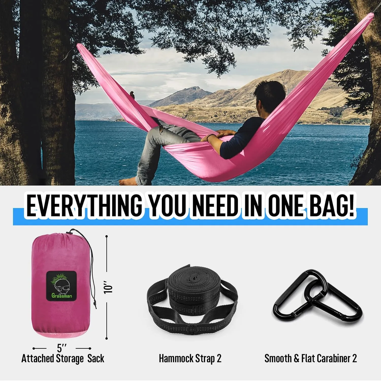 Grassman Camping Hammock Double & Single Portable Hammock with Tree Straps, Lightweight Nylon Parachute Hammocks Camping Accessories Gear for Indoor Outdoor Backpacking, Travel, Hiking, Beach