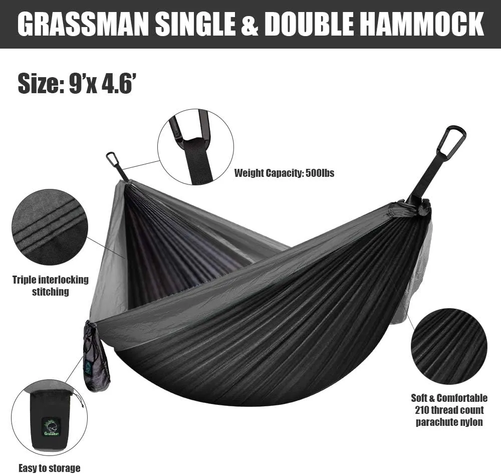Grassman Camping Hammock Double & Single Portable Hammock with Tree Straps, Lightweight Nylon Parachute Hammocks Camping Accessories Gear for Indoor Outdoor Backpacking, Travel, Hiking, Beach