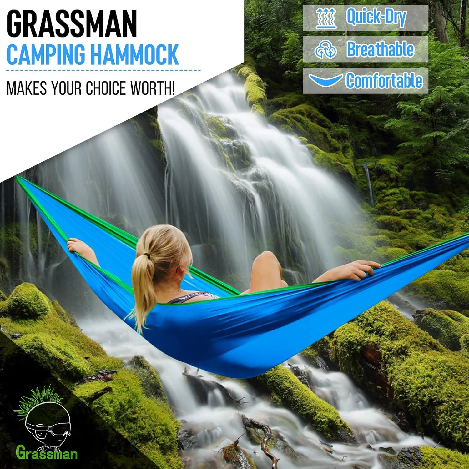 Grassman Camping Hammock Double & Single Portable Hammock with Tree Straps, Lightweight Nylon Parachute Hammocks Camping Accessories Gear for Indoor Outdoor Backpacking, Travel, Hiking, Beach