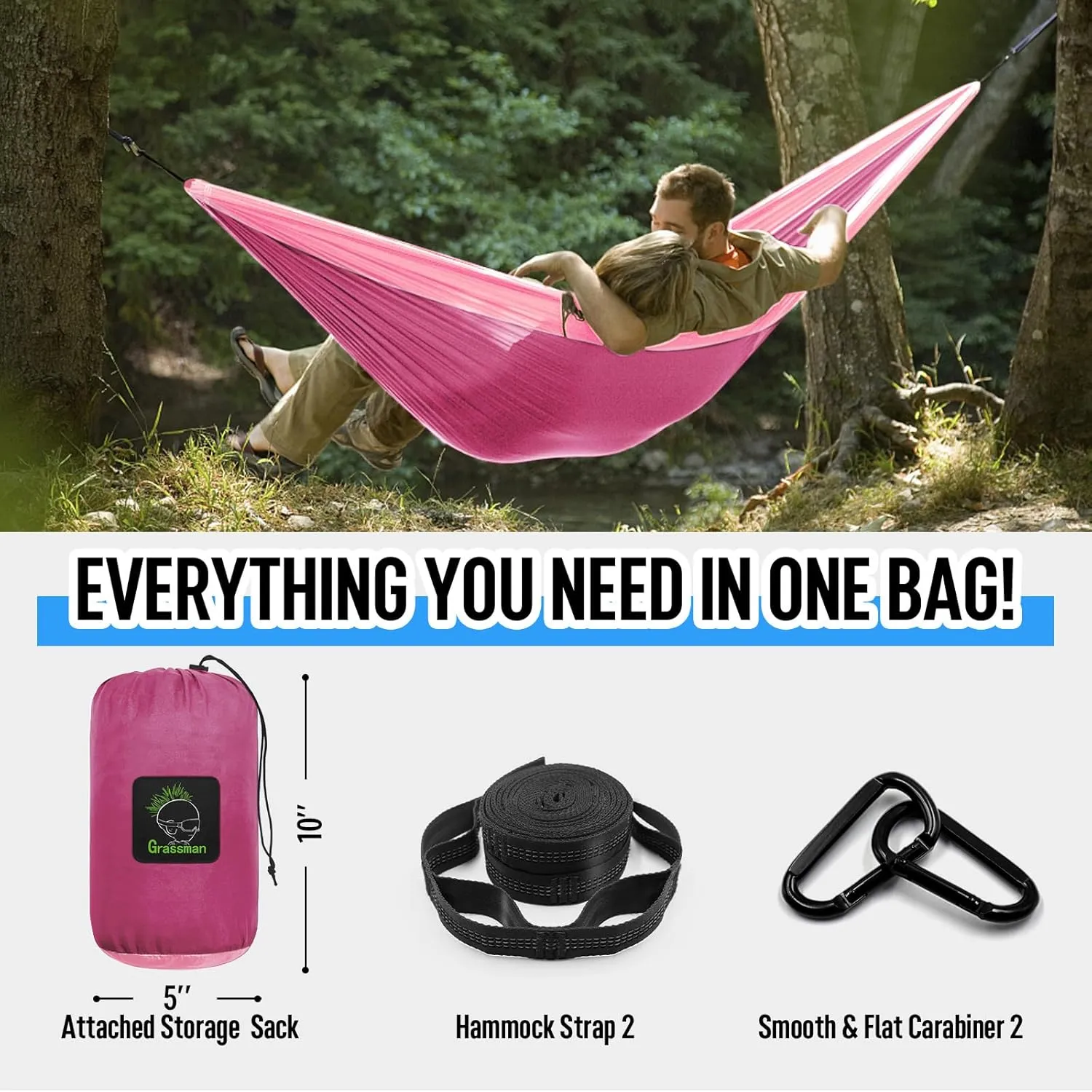 Grassman Camping Hammock Double & Single Portable Hammock with Tree Straps, Lightweight Nylon Parachute Hammocks Camping Accessories Gear for Indoor Outdoor Backpacking, Travel, Hiking, Beach
