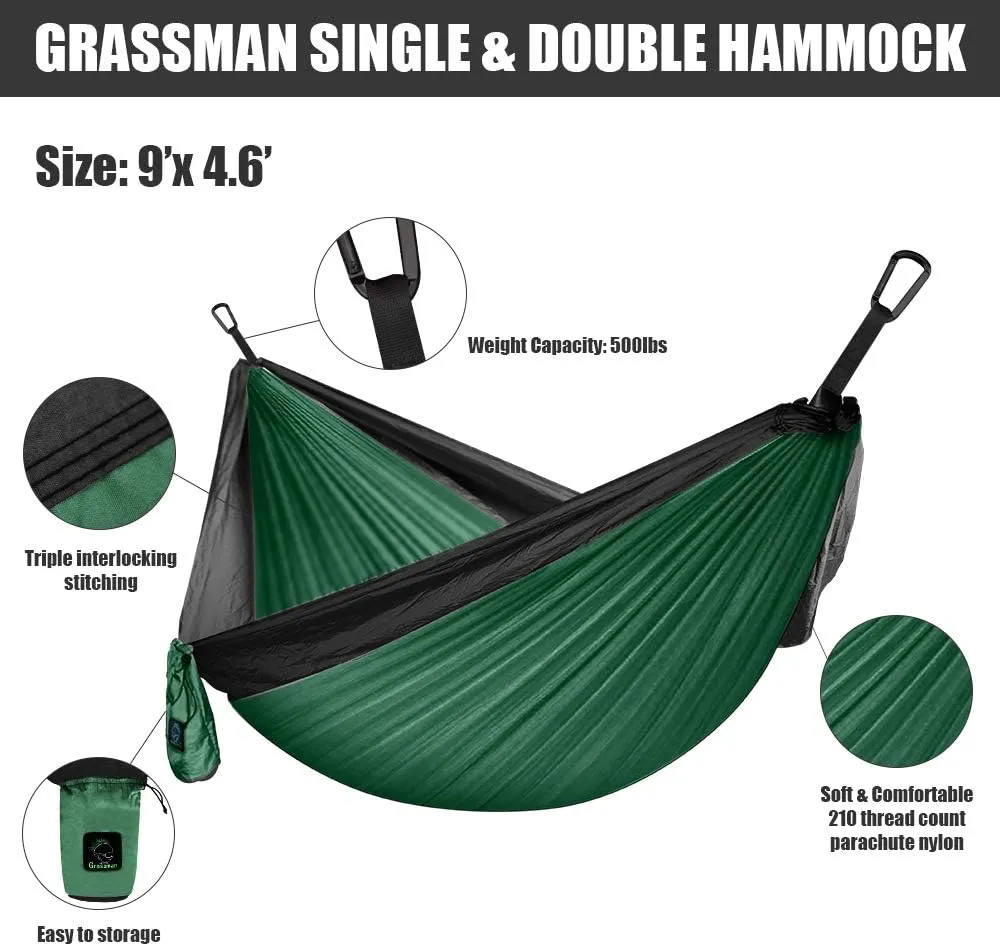 Grassman Camping Hammock Double & Single Portable Hammock with Tree Straps, Lightweight Nylon Parachute Hammocks Camping Accessories Gear for Indoor Outdoor Backpacking, Travel, Hiking, Beach