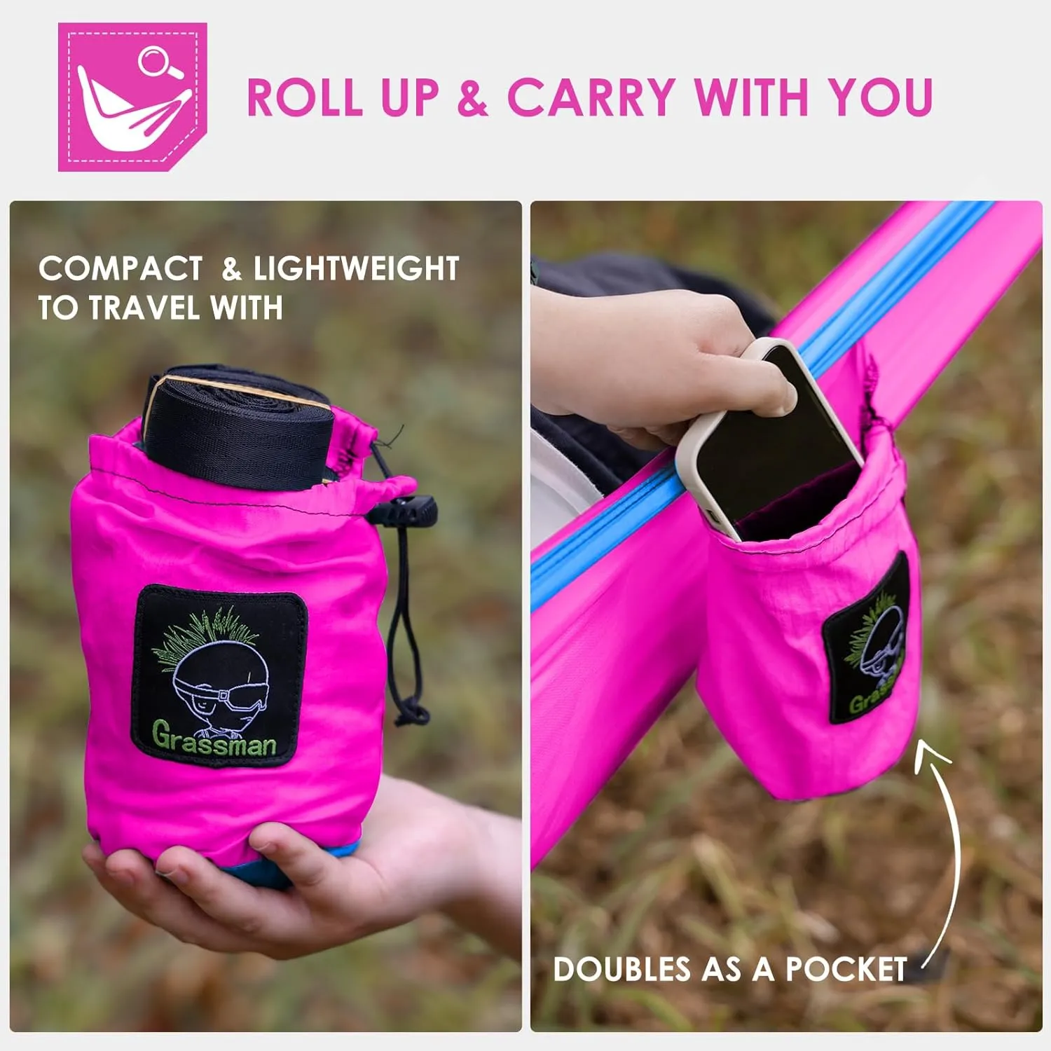 GRASSMAN Kids Hammock-Small Camping hammocks, Portable Camping Gear for Child Indoor/Outdoor use, with Tree Straps & Carabiners Fuchsia