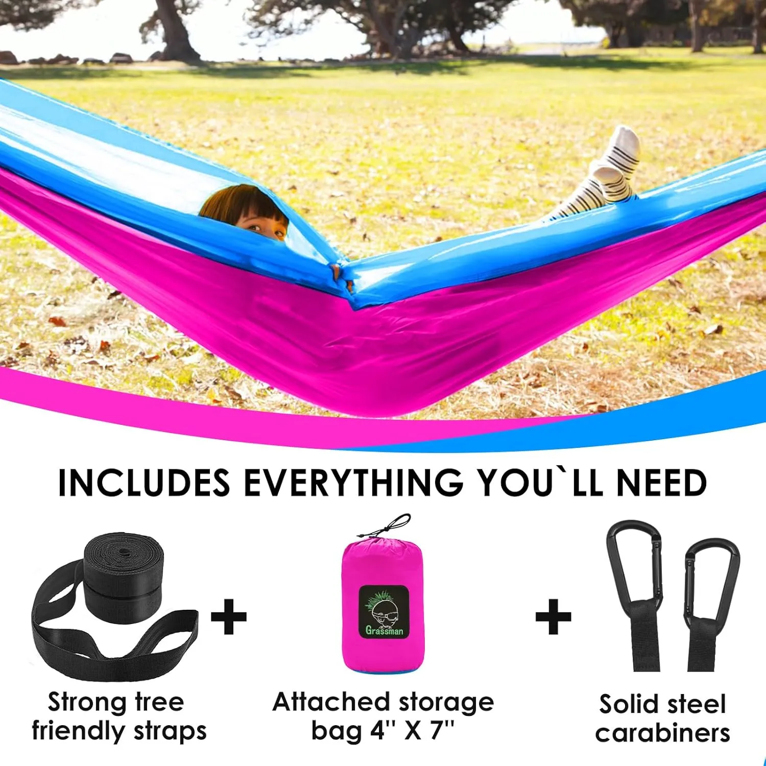 GRASSMAN Kids Hammock-Small Camping hammocks, Portable Camping Gear for Child Indoor/Outdoor use, with Tree Straps & Carabiners Fuchsia