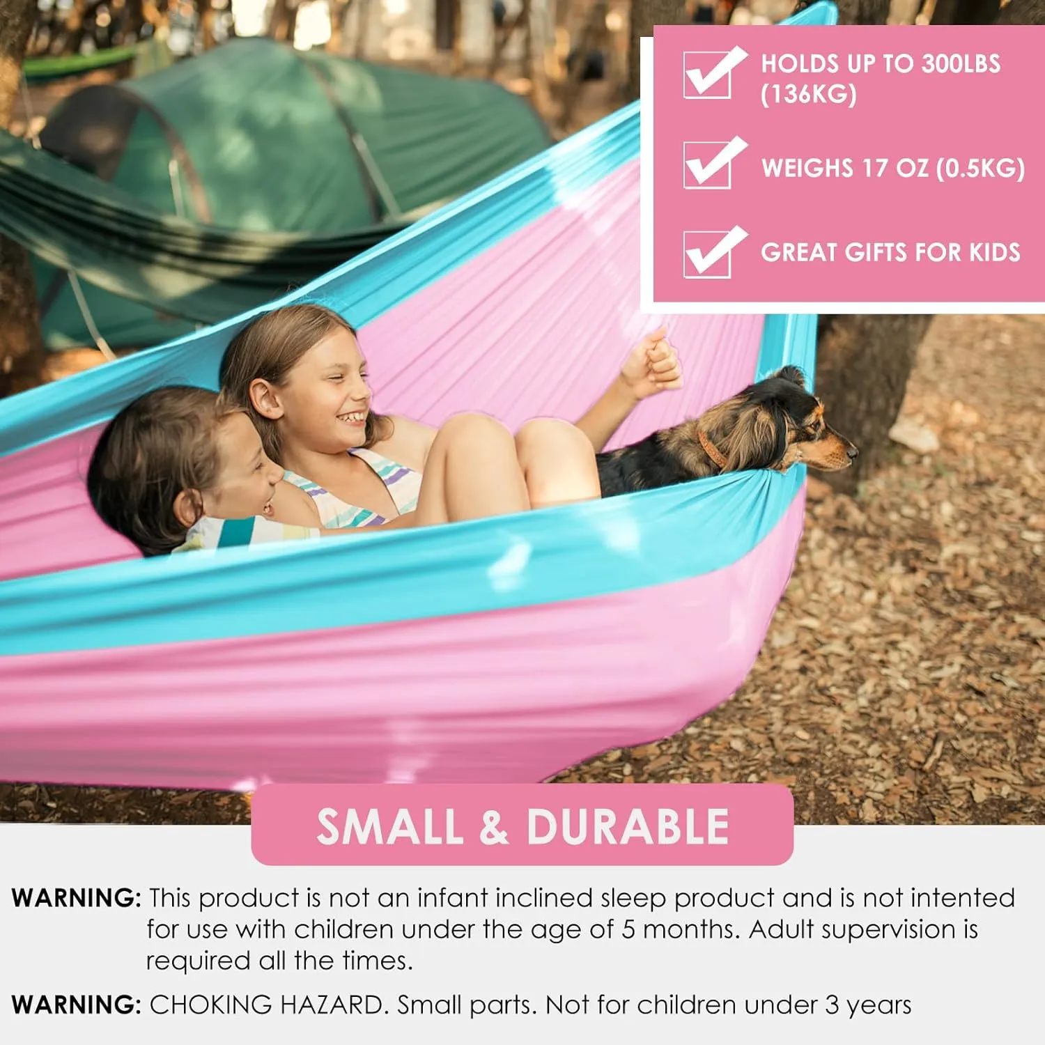 GRASSMAN Kids Hammock-Small Camping hammocks, Portable Camping Gear for Child Indoor/Outdoor use, with Tree Straps & Carabiners Pink & Blue