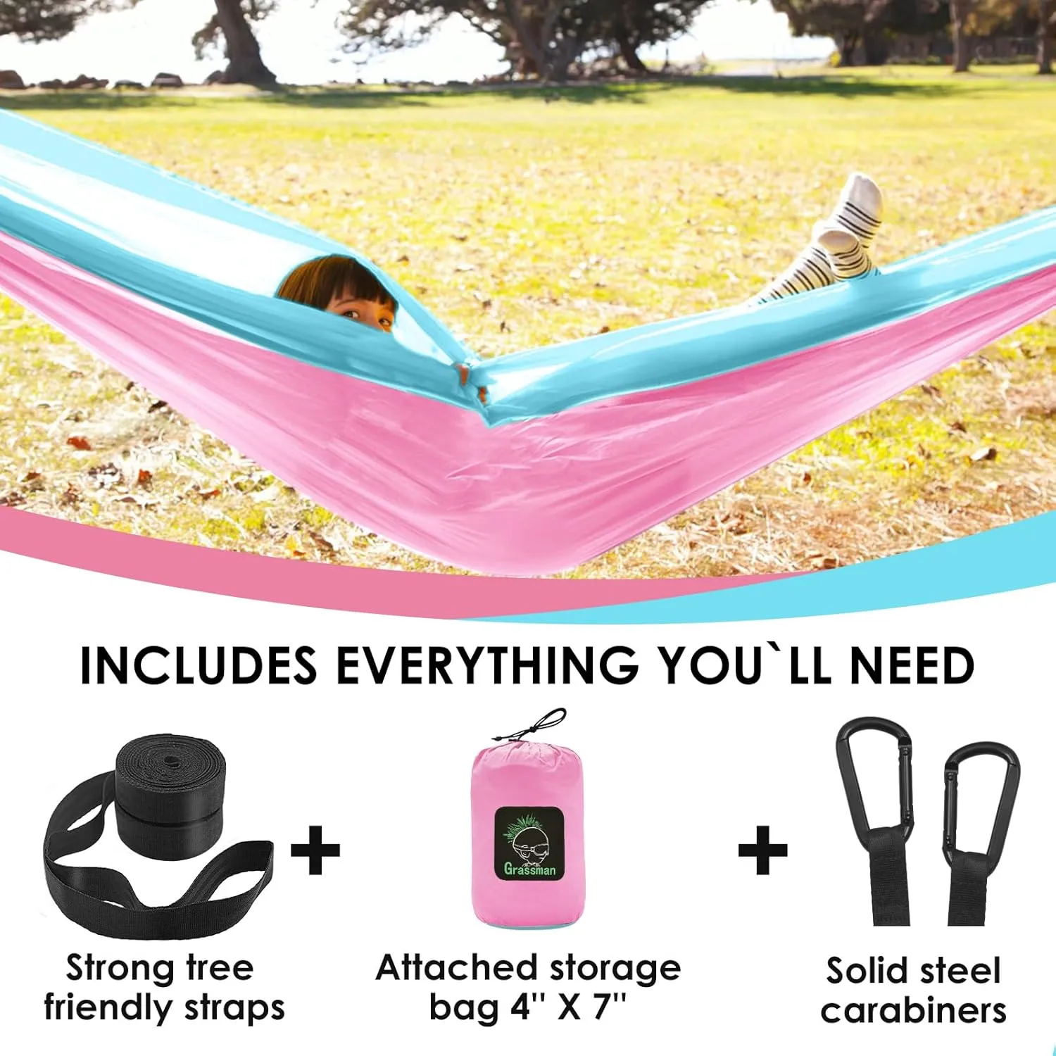GRASSMAN Kids Hammock-Small Camping hammocks, Portable Camping Gear for Child Indoor/Outdoor use, with Tree Straps & Carabiners Pink & Blue