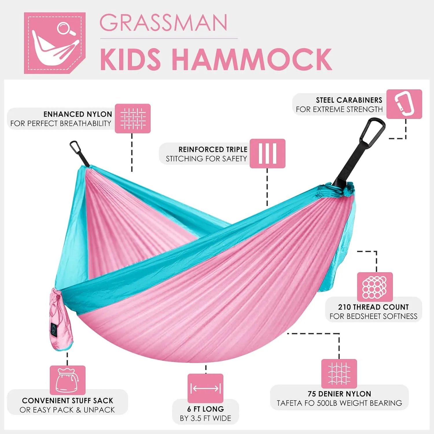 GRASSMAN Kids Hammock-Small Camping hammocks, Portable Camping Gear for Child Indoor/Outdoor use, with Tree Straps & Carabiners Pink & Blue