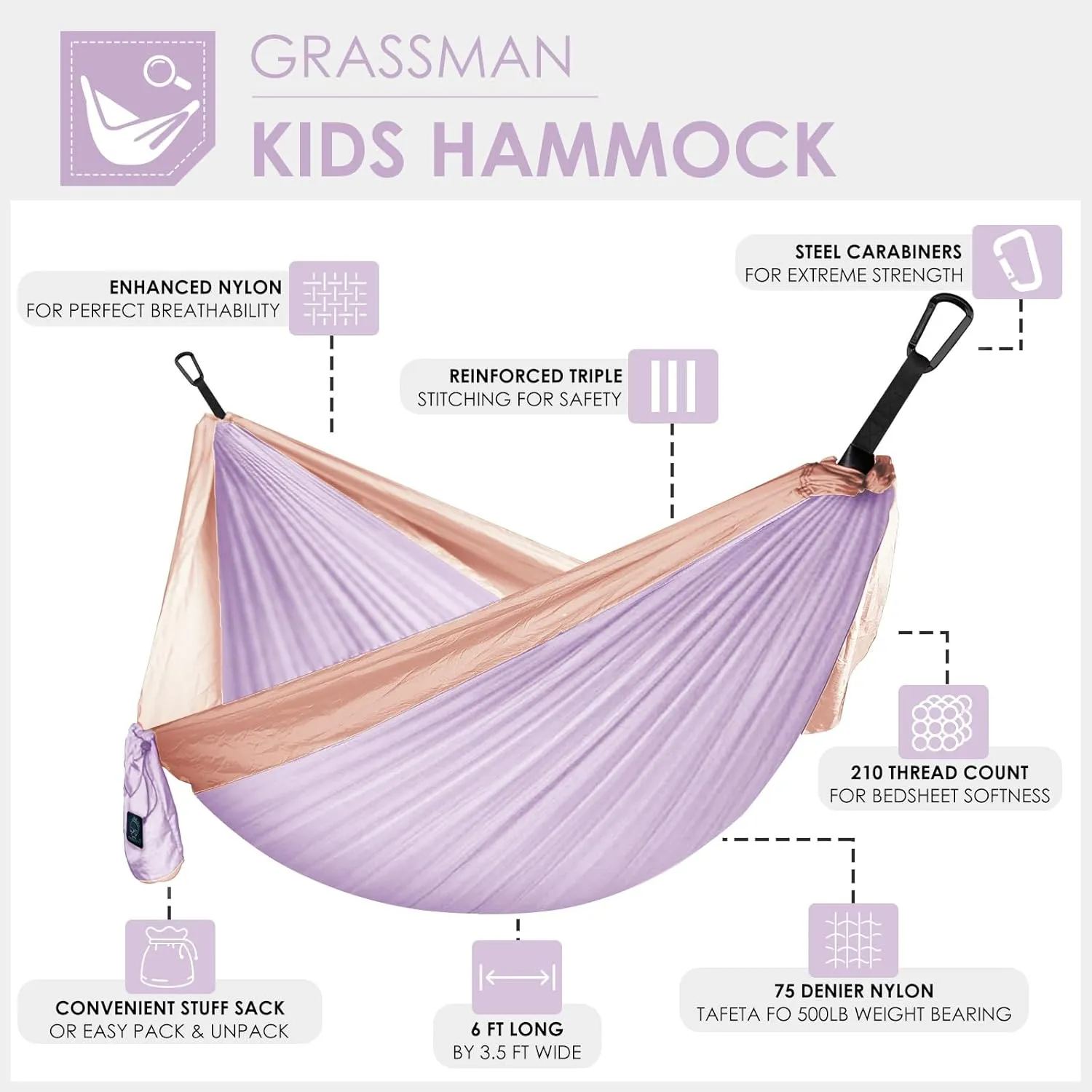 GRASSMAN Kids Hammock-Small Camping hammocks, Portable Camping Gear for Child Indoor/Outdoor use, with Tree Straps & Carabiners Purple
