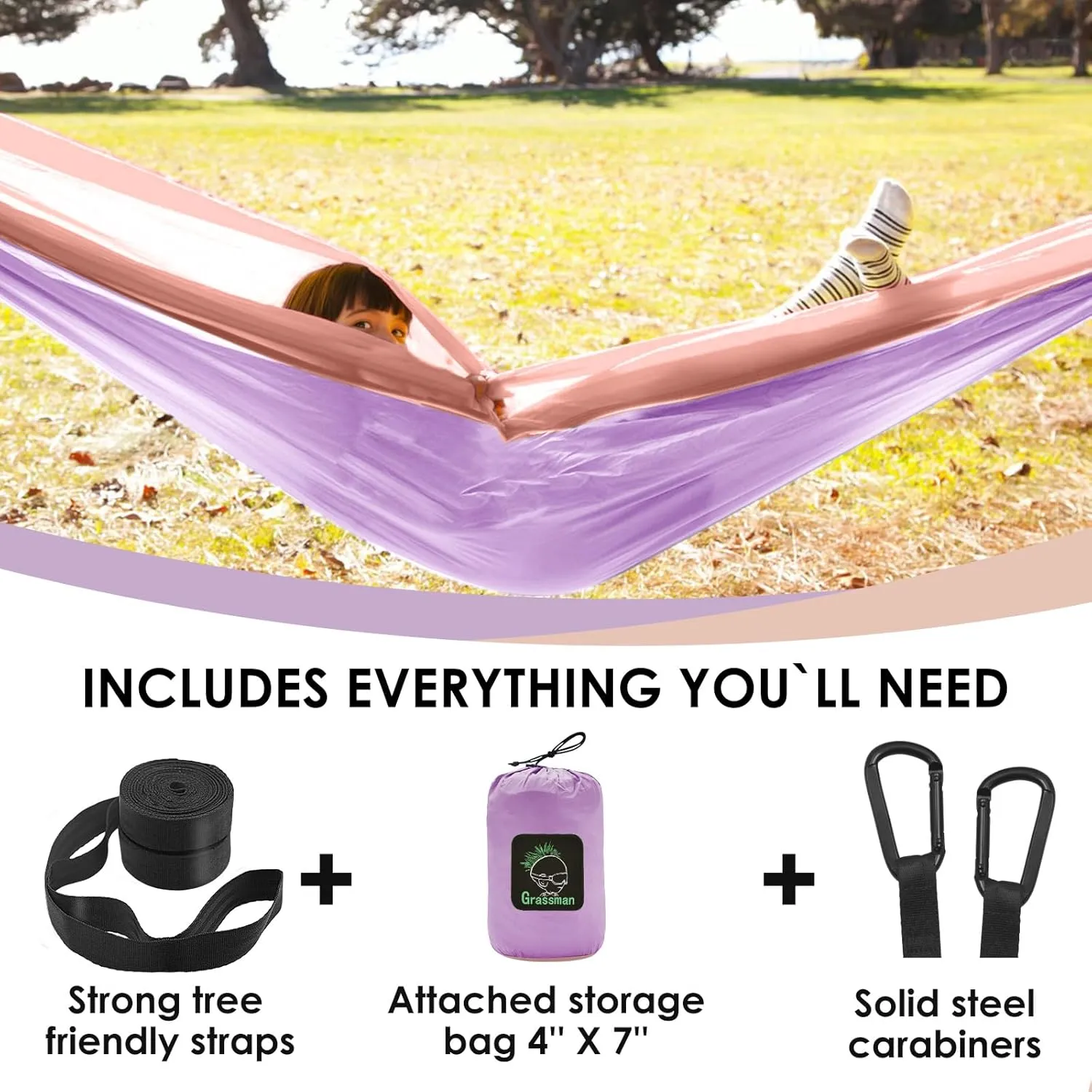 GRASSMAN Kids Hammock-Small Camping hammocks, Portable Camping Gear for Child Indoor/Outdoor use, with Tree Straps & Carabiners Purple