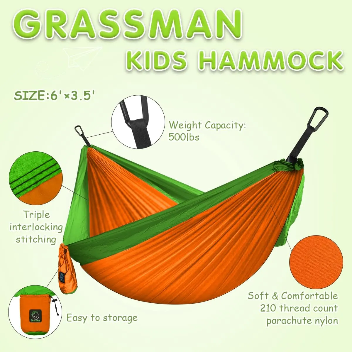 Grassman Kids Small Hammock for Camping Portable Hammock for Child Girls Boys Ultralight Backpack Mini Hammocks with Straps Orange