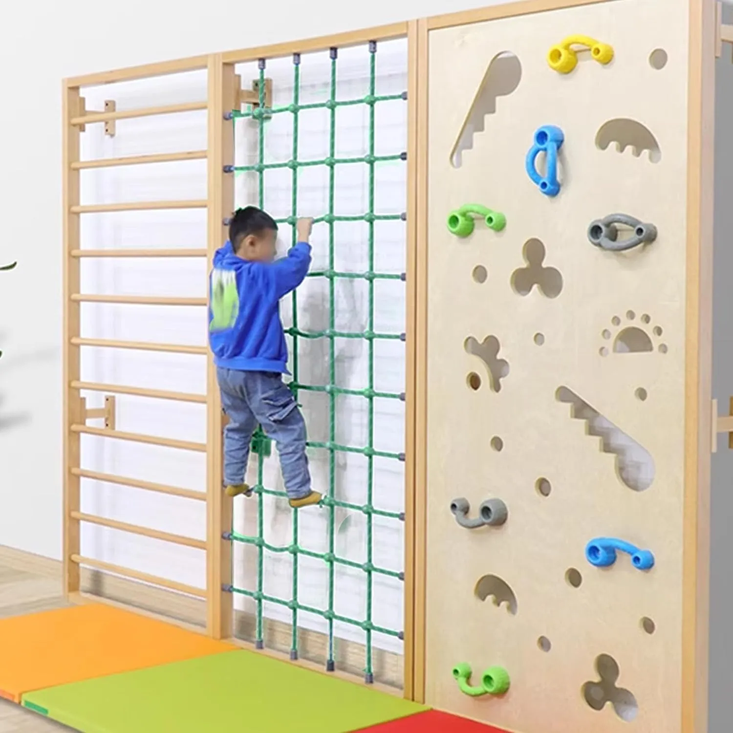 Green Rope Climbing Ladder - Indoor Climbing Net, Outdoor Cargo Webbing Net, 100% Polyester Fiber Rope Ladder, with Installation Drill Bit and Binding Rope. (Set4: 6V * 8H (72" L * 45" W))