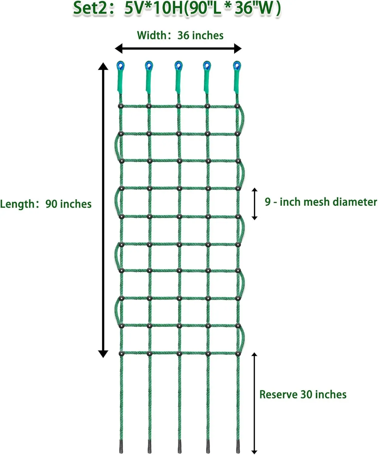 Green Rope Climbing Ladder - Indoor Climbing Net, Outdoor Cargo Webbing Net, 100% Polyester Fiber Rope Ladder, with Installation Drill Bit and Binding Rope. (Set4: 6V * 8H (72" L * 45" W))