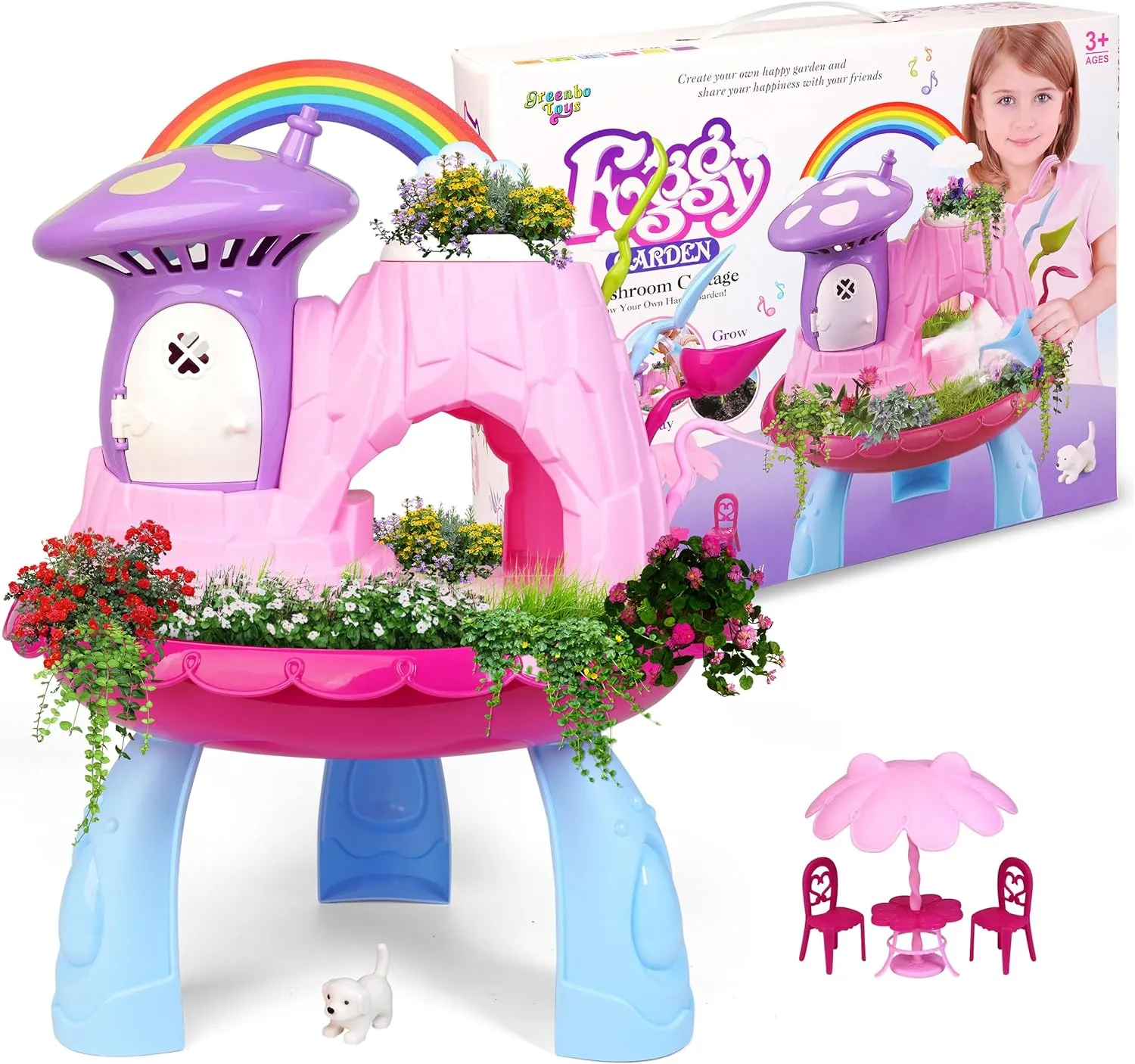Greenbo Kids Fairy Garden Kit | Indoor & Outdoor Fairy Toy Gardening Set with House, Mist, Music, Light & Tools | Fairy Garden Kit for Kids to Grow, Play, and Learn | For Girls & Boys of Ages 3 and Up