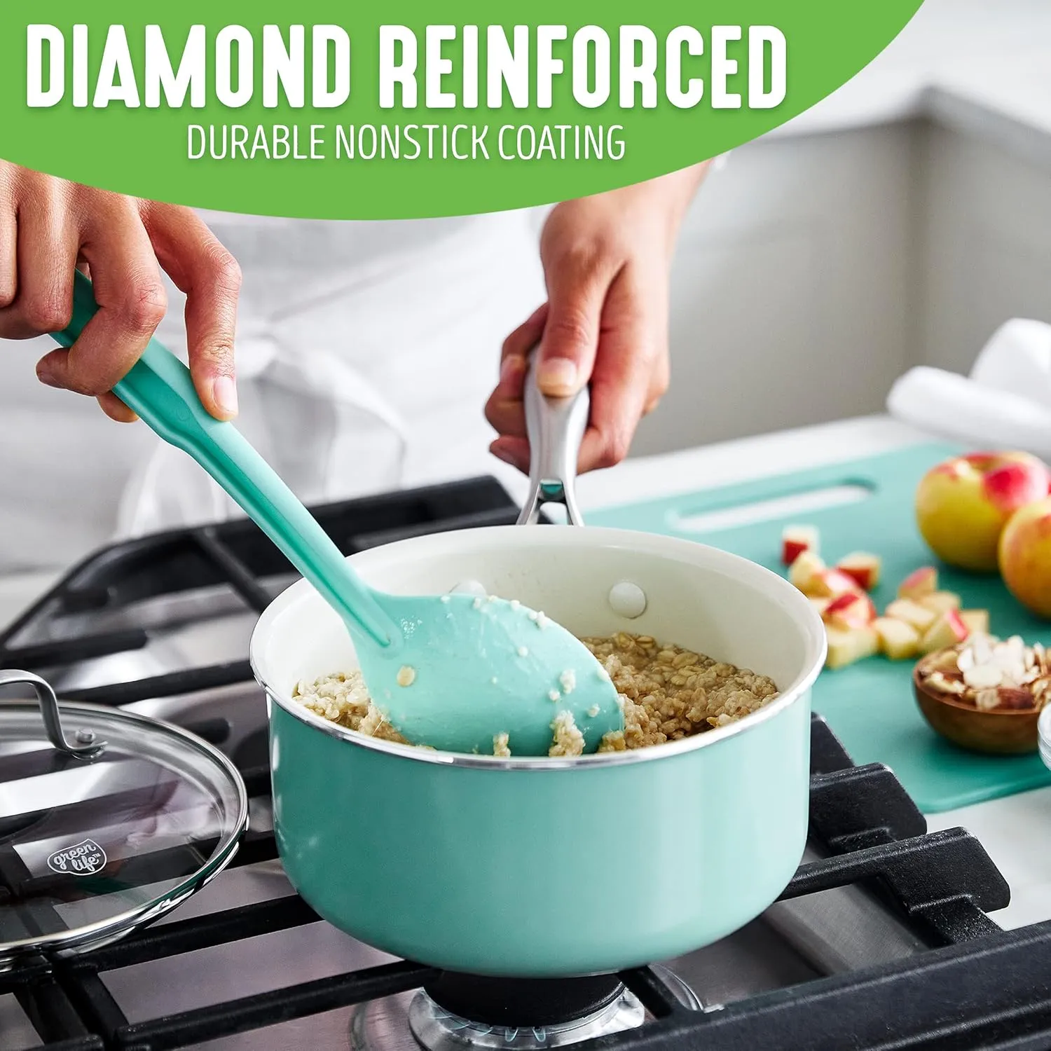 GreenLife Artisan Healthy Ceramic Nonstick, 1QT and 2QT Saucepan Pot Set with Lids, Stainless Steel Handle, PFAS-Free, Dishwasher Safe, Oven Safe, Turquoise
