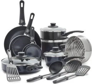 GreenLife Soft Grip 16 Piece Cookware Set, Non-Toxic PFAS-Free Ceramic Nonstick, Frying, Sauce, Saute, Utensils, Glass Lids, Stay-Cool Handles, Wobble Free, Dishwasher & Oven Safe, Black Diamond