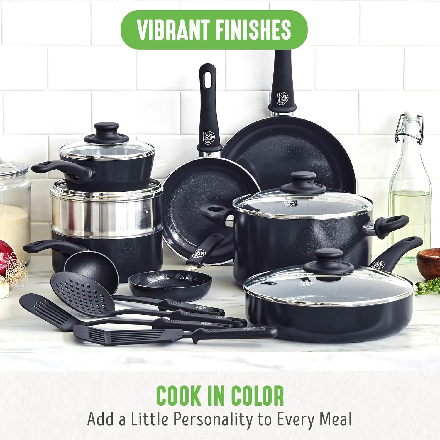 GreenLife Soft Grip 16 Piece Cookware Set, Non-Toxic PFAS-Free Ceramic Nonstick, Frying, Sauce, Saute, Utensils, Glass Lids, Stay-Cool Handles, Wobble Free, Dishwasher & Oven Safe, Black Diamond