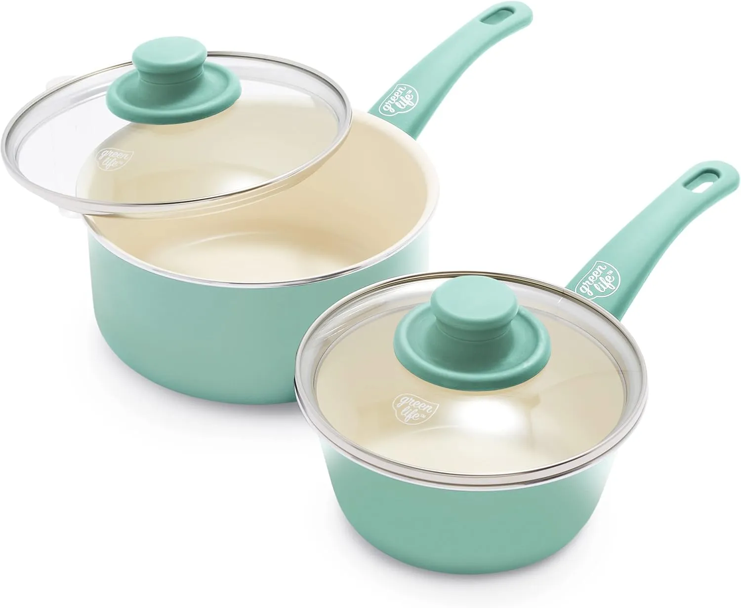 GreenLife Soft Grip 1QT and 2QT Saucepan Set, Non Toxic PFAS-Free Ceramic Nonstick, Glass Lids, Stay Cool Handles, Wobble Free Base, Dishwasher & Oven Safe, Easy Clean, Multipurpose, Turquoise
