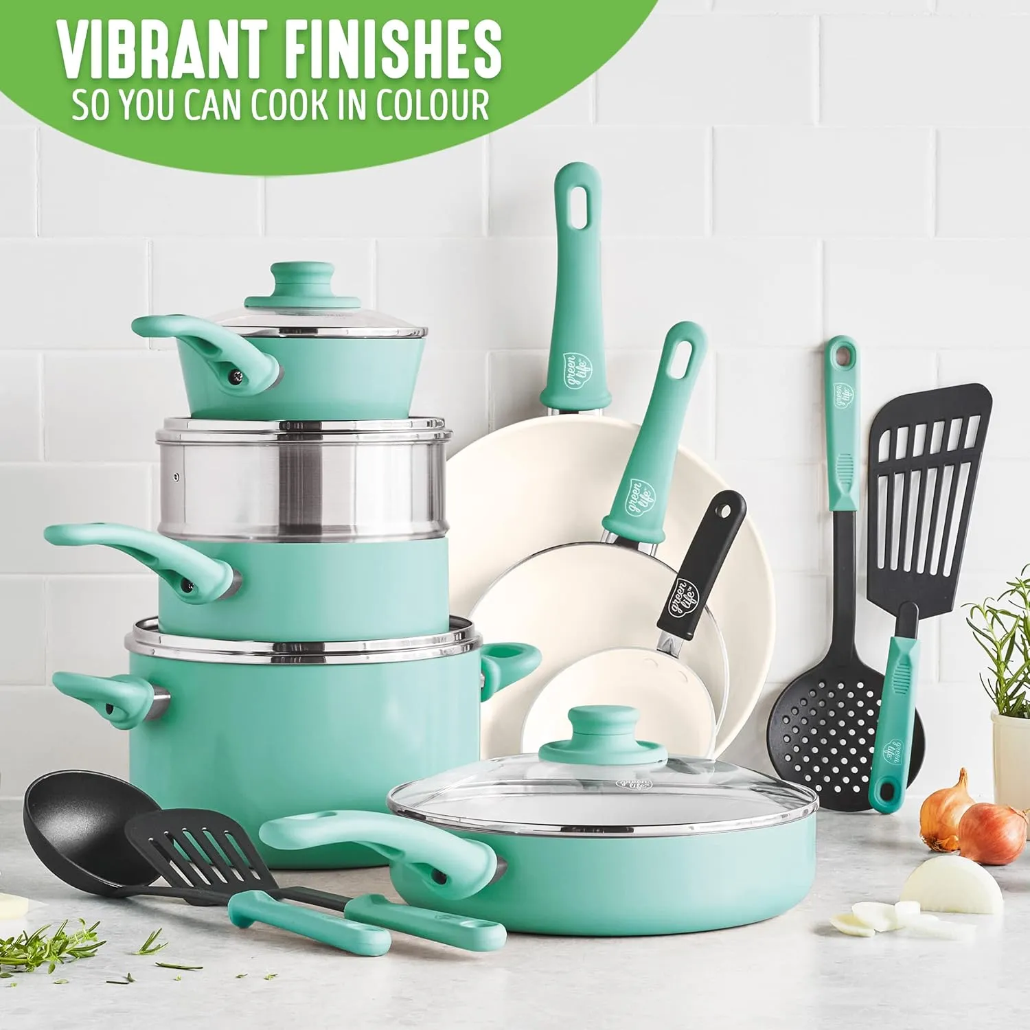 GreenLife Soft Grip 1QT and 2QT Saucepan Set, Non Toxic PFAS-Free Ceramic Nonstick, Glass Lids, Stay Cool Handles, Wobble Free Base, Dishwasher & Oven Safe, Easy Clean, Multipurpose, Turquoise