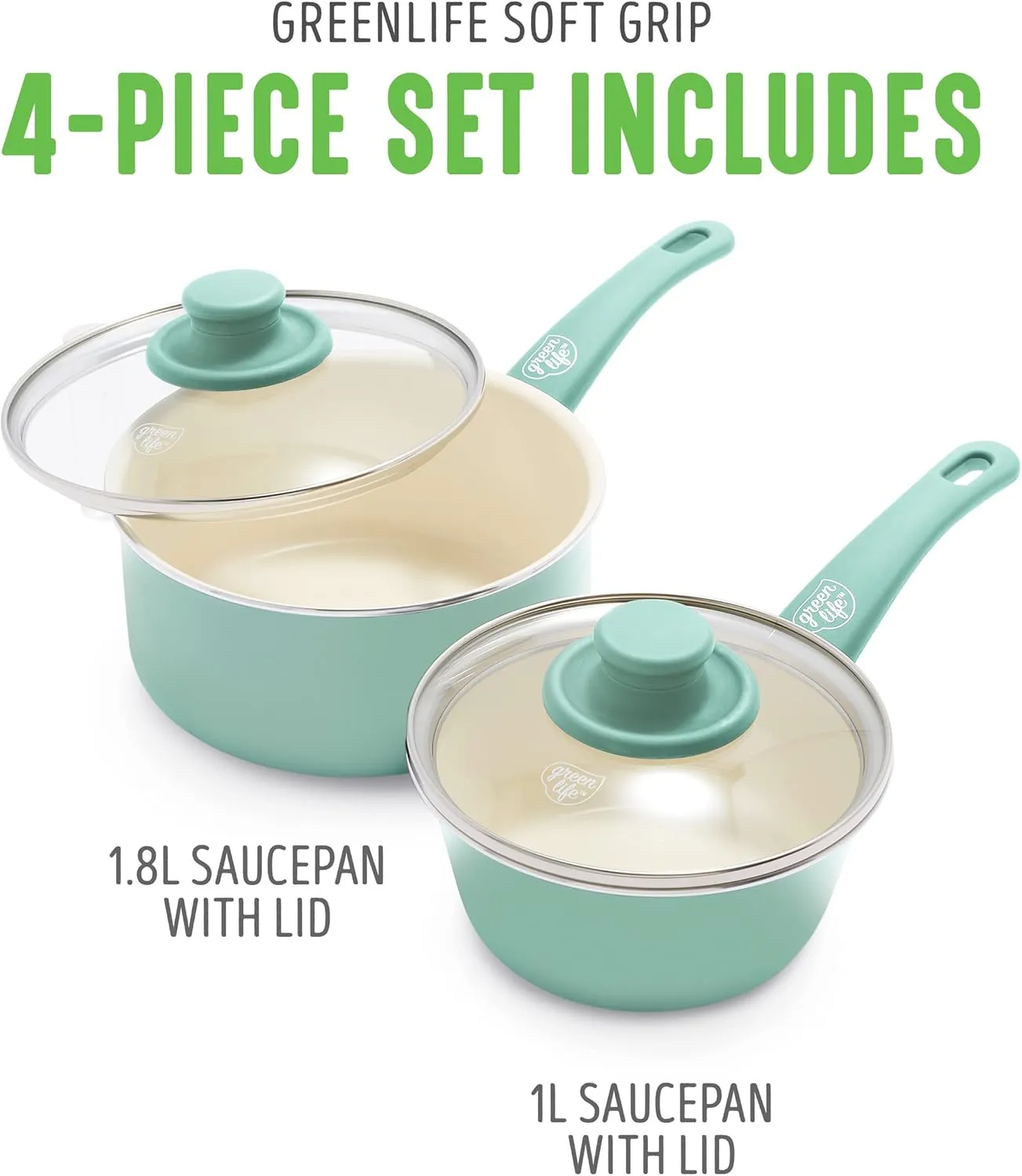 GreenLife Soft Grip 1QT and 2QT Saucepan Set, Non Toxic PFAS-Free Ceramic Nonstick, Glass Lids, Stay Cool Handles, Wobble Free Base, Dishwasher & Oven Safe, Easy Clean, Multipurpose, Turquoise