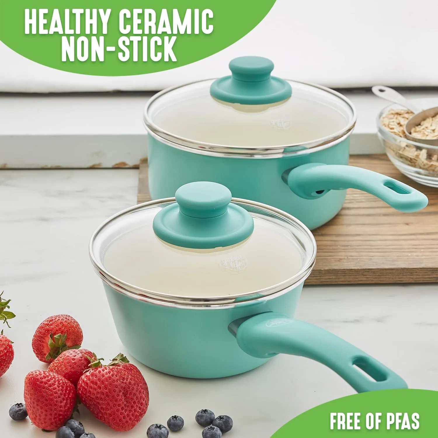GreenLife Soft Grip 1QT and 2QT Saucepan Set, Non Toxic PFAS-Free Ceramic Nonstick, Glass Lids, Stay Cool Handles, Wobble Free Base, Dishwasher & Oven Safe, Easy Clean, Multipurpose, Turquoise