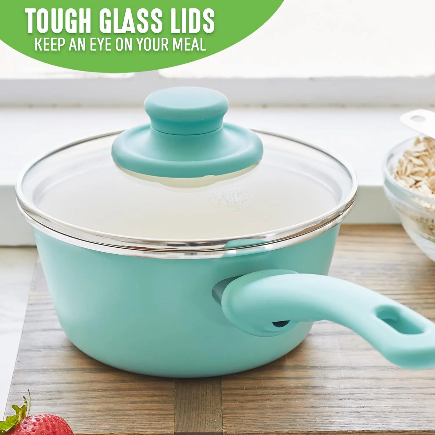GreenLife Soft Grip 1QT and 2QT Saucepan Set, Non Toxic PFAS-Free Ceramic Nonstick, Glass Lids, Stay Cool Handles, Wobble Free Base, Dishwasher & Oven Safe, Easy Clean, Multipurpose, Turquoise