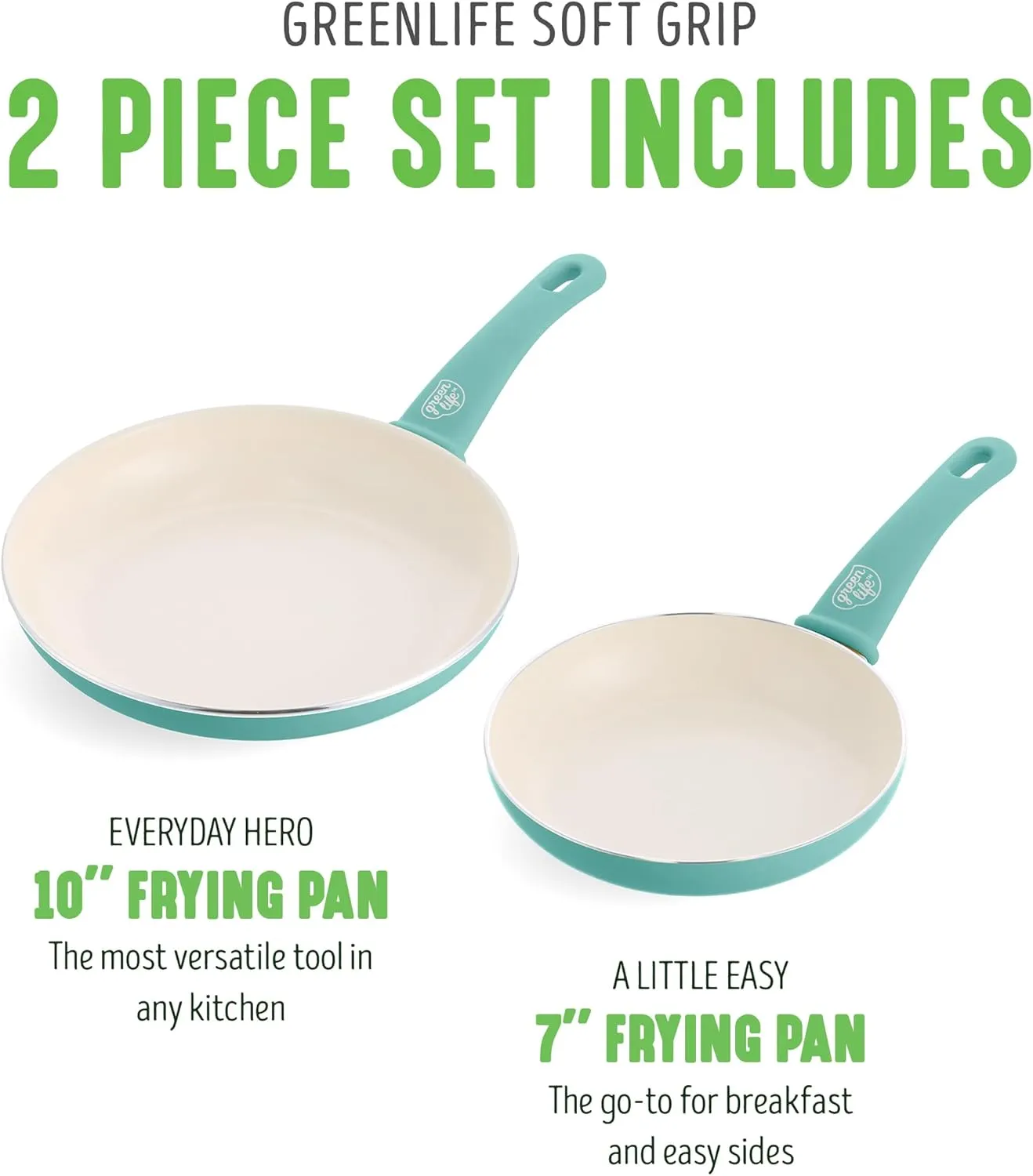 GreenLife Soft Grip Healthy Ceramic Nonstick 7" and 10" Frying Pan Set, Non Toxic PFAS & PFOA-Free, Dishwasher Safe, Egg Omelet Skillet, Cookware for Easy Cooking, Kitchen Essentials, Turquoise