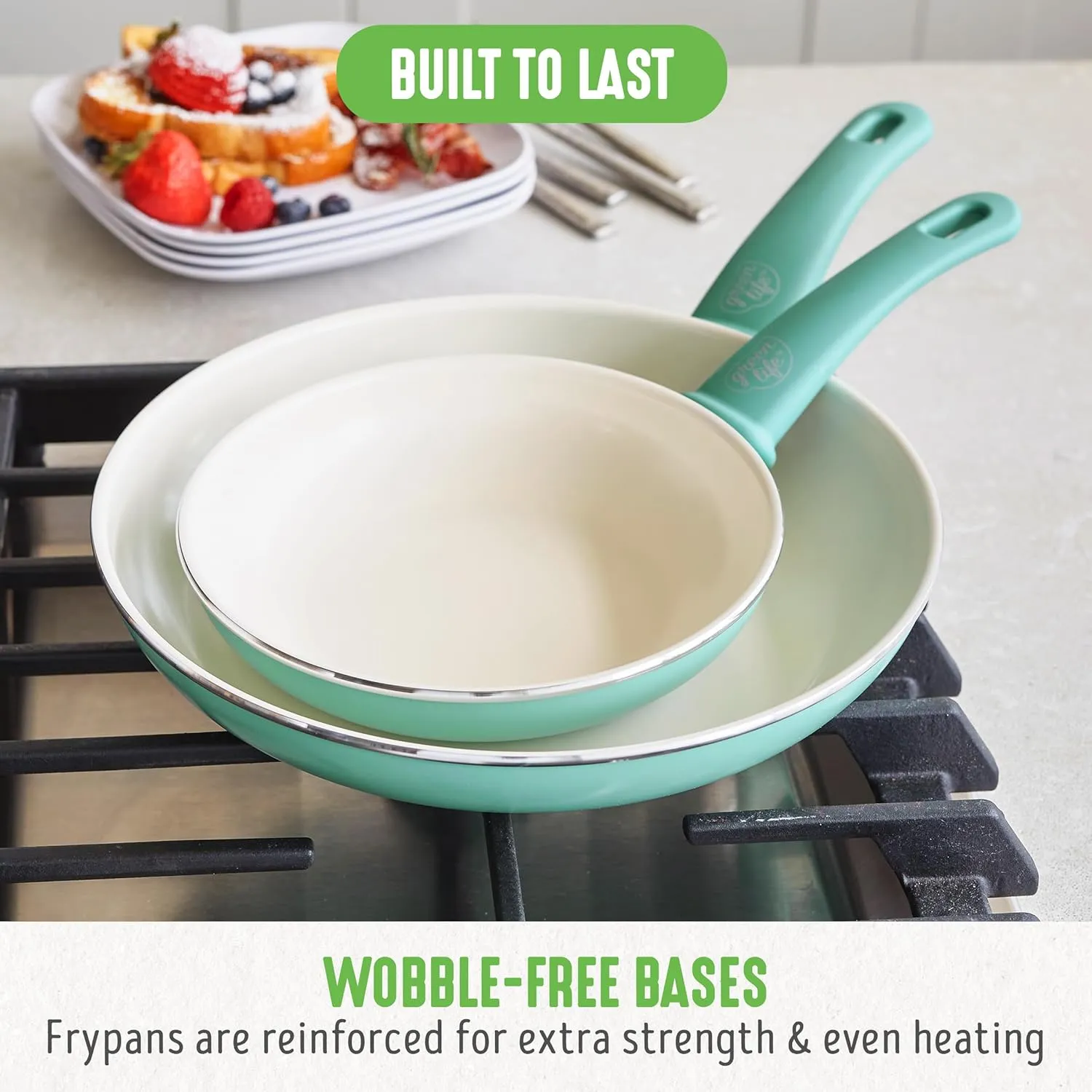 GreenLife Soft Grip Healthy Ceramic Nonstick 7" and 10" Frying Pan Set, Non Toxic PFAS & PFOA-Free, Dishwasher Safe, Egg Omelet Skillet, Cookware for Easy Cooking, Kitchen Essentials, Turquoise