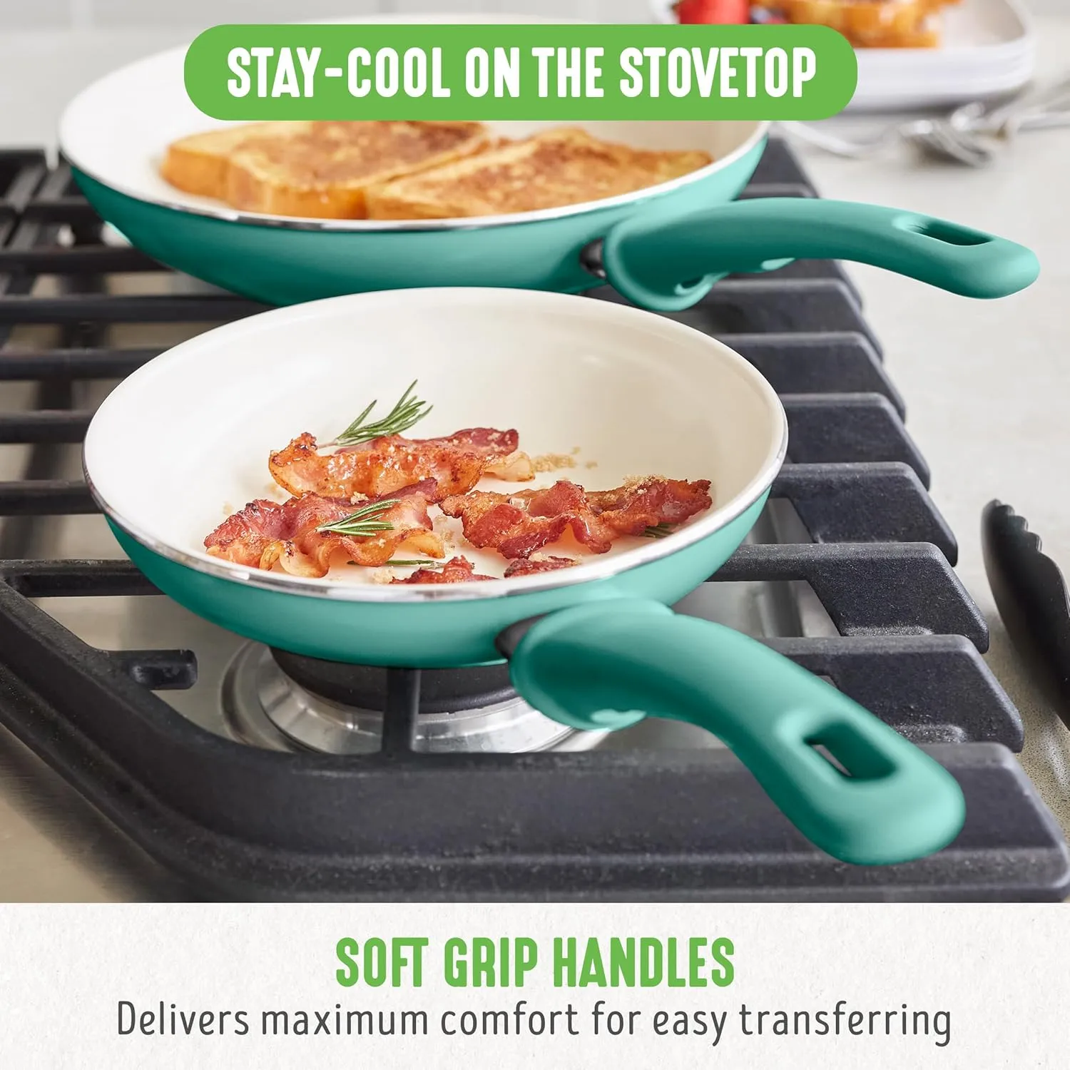 GreenLife Soft Grip Healthy Ceramic Nonstick 7" and 10" Frying Pan Set, Non Toxic PFAS & PFOA-Free, Dishwasher Safe, Egg Omelet Skillet, Cookware for Easy Cooking, Kitchen Essentials, Turquoise