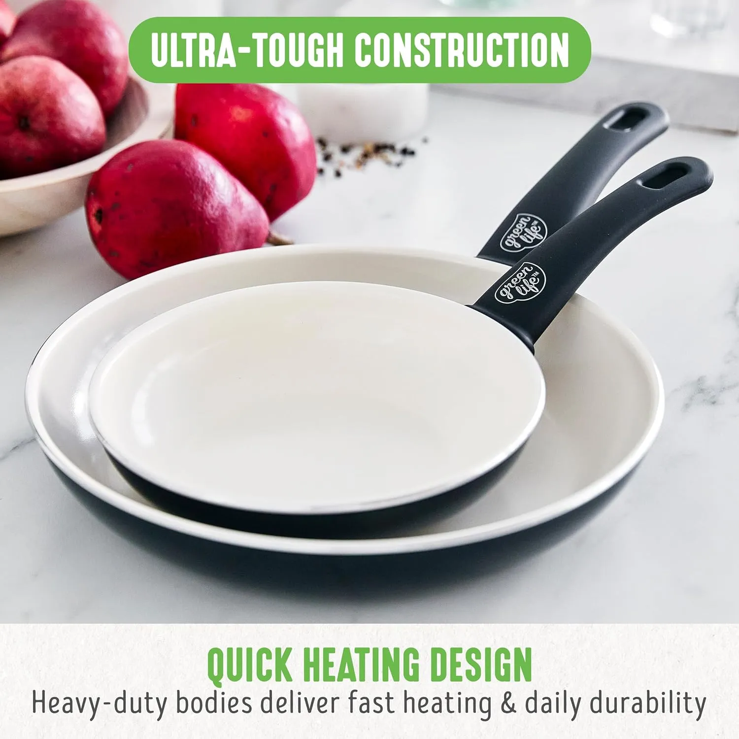 GreenLife Soft Grip Healthy Ceramic Nonstick 7" and 10" Frying Pan Set, PFAS & PFOA-Free, Dishwasher Safe, Egg Omelet Skillet, Cookware for Easy Cooking, Non-Stick Kitchen Essentials, Black and Cream
