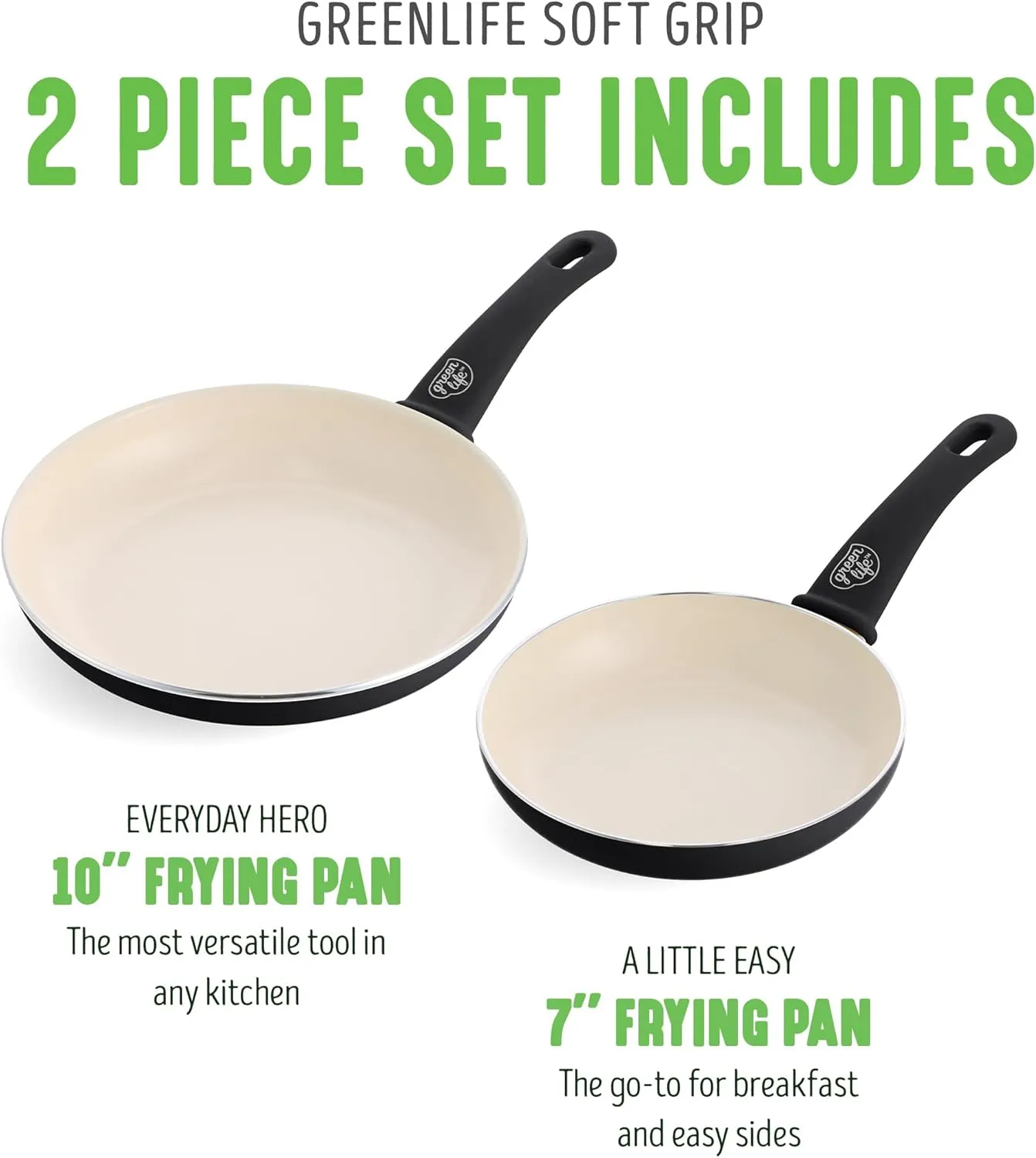 GreenLife Soft Grip Healthy Ceramic Nonstick 7" and 10" Frying Pan Set, PFAS & PFOA-Free, Dishwasher Safe, Egg Omelet Skillet, Cookware for Easy Cooking, Non-Stick Kitchen Essentials, Black and Cream