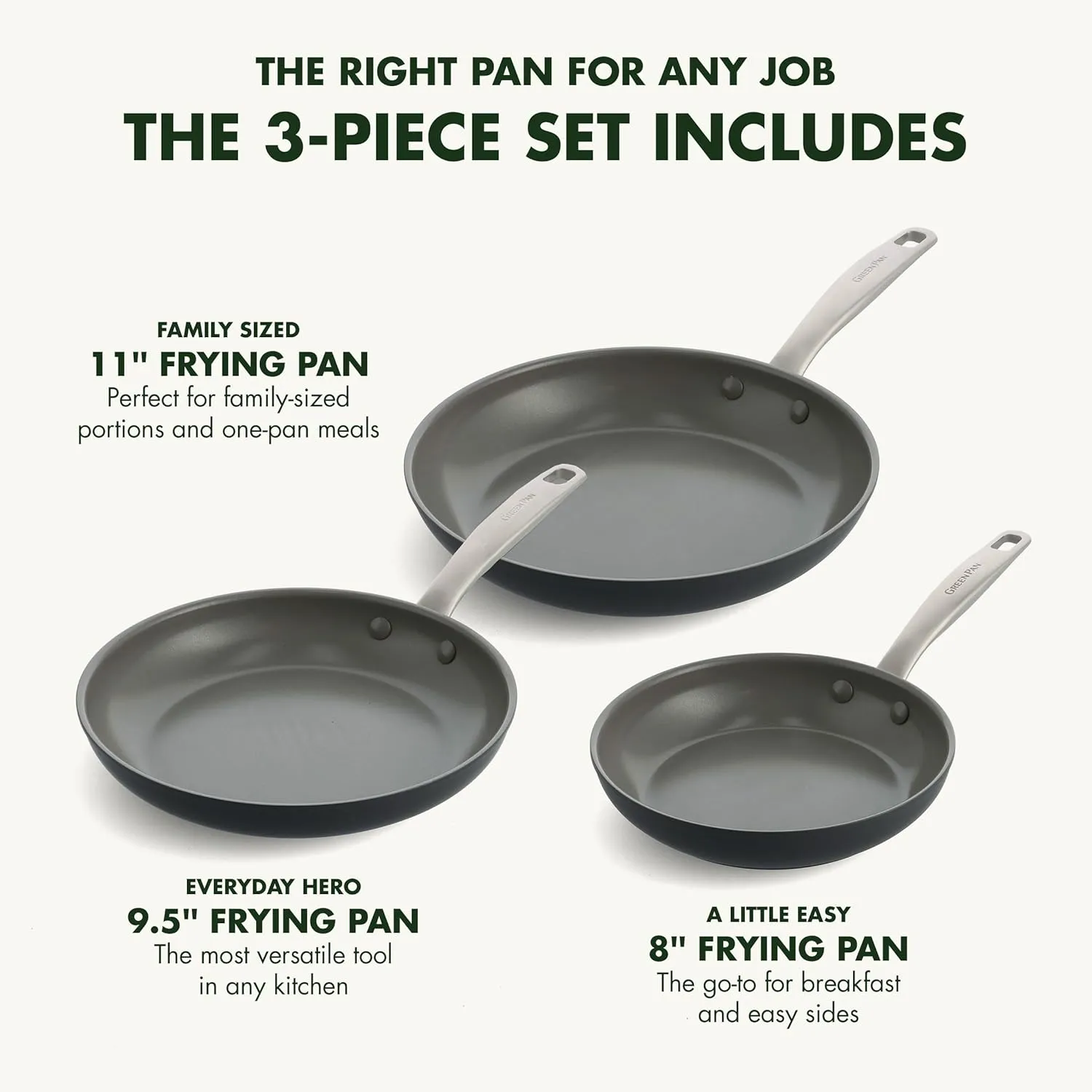 GreenPan Chatham Hard Anodized Healthy Ceramic Nonstick, 8" 9.5" and 11" 3 Piece Frying Pan Skillet Set, PFAS-Free, Dishwasher Safe, Oven and Broiler Safe, Gray