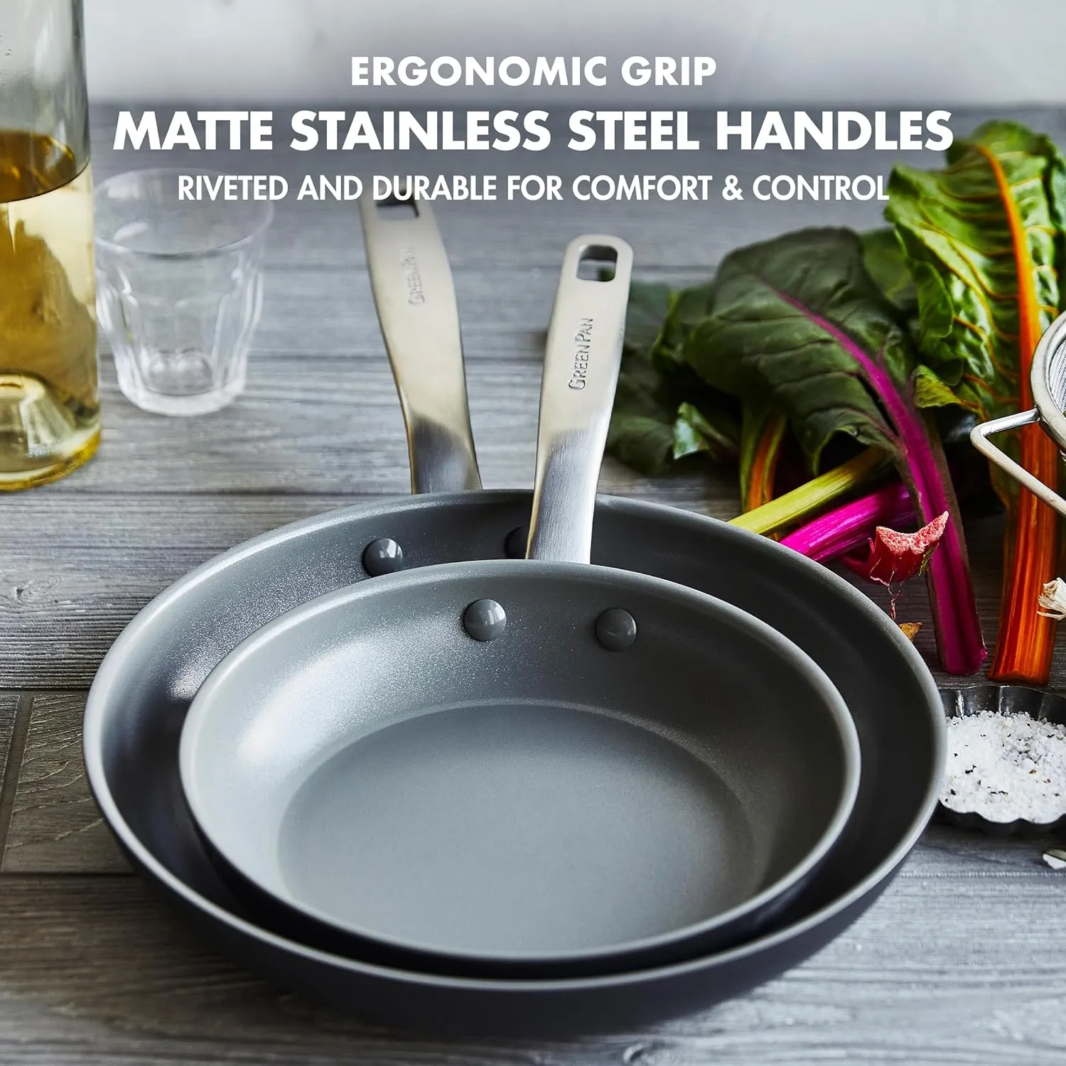 GreenPan Chatham Hard Anodized Healthy Ceramic Nonstick, 8" 9.5" and 11" 3 Piece Frying Pan Skillet Set, PFAS-Free, Dishwasher Safe, Oven and Broiler Safe, Gray