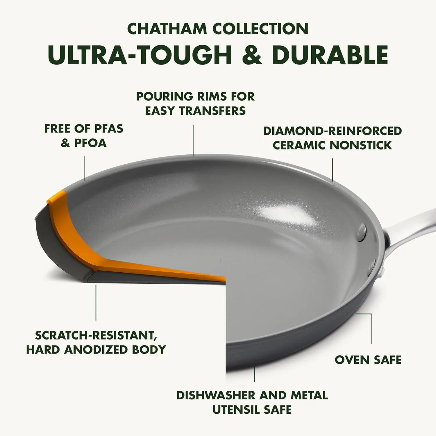 GreenPan Chatham Hard Anodized Healthy Ceramic Nonstick, 8" 9.5" and 11" 3 Piece Frying Pan Skillet Set, PFAS-Free, Dishwasher Safe, Oven and Broiler Safe, Gray