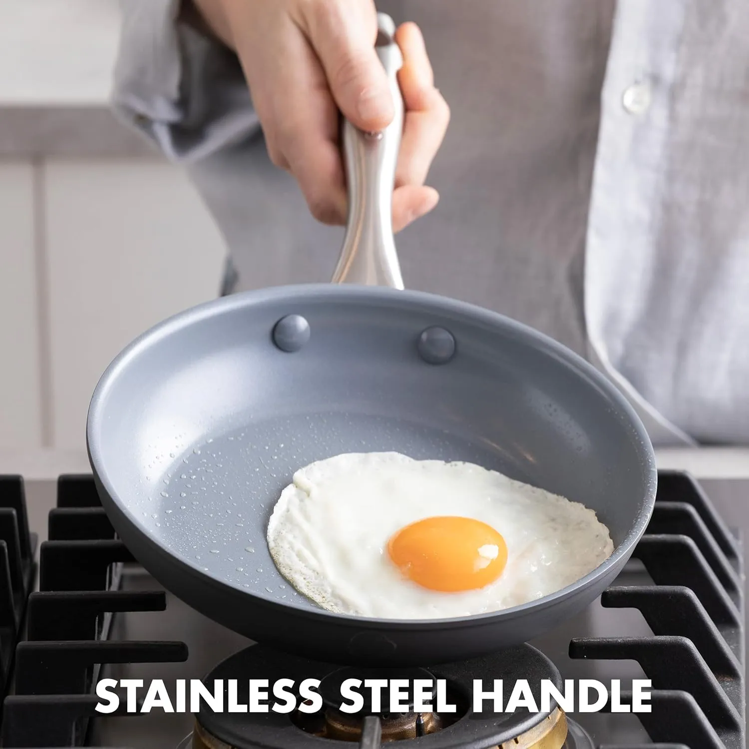 GreenPan Lima Ceramic Hard Anodized 10" Frying Pan Skillet Nonstick, Wood Spatula, PFAS/PFOA-Free Nontoxic Pots and Pans, Oven & Broiler Safe, Stainless Steel Handle, Cookware for Eggs & Omelet, Gray