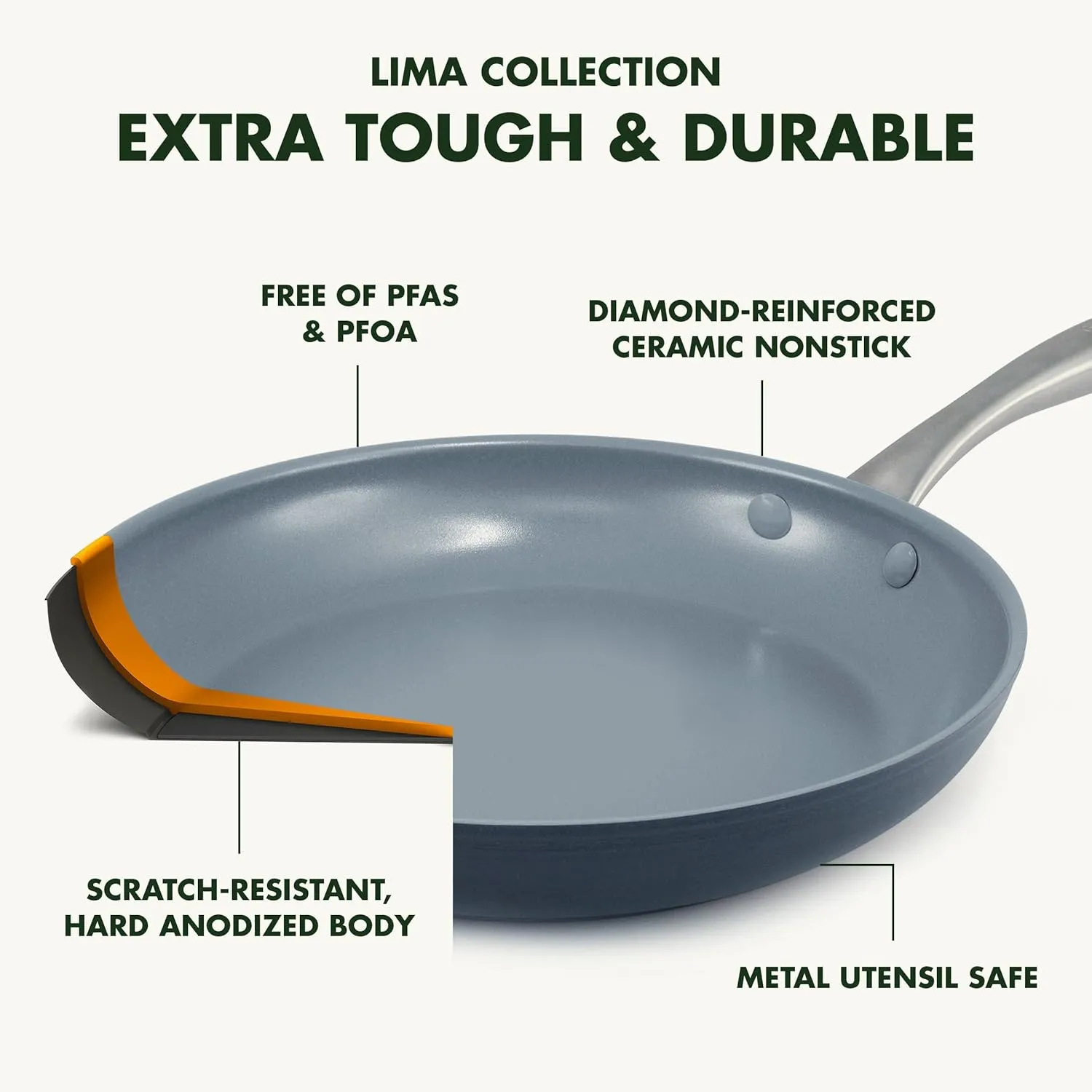 GreenPan Lima Ceramic Hard Anodized 10" Frying Pan Skillet Nonstick, Wood Spatula, PFAS/PFOA-Free Nontoxic Pots and Pans, Oven & Broiler Safe, Stainless Steel Handle, Cookware for Eggs & Omelet, Gray