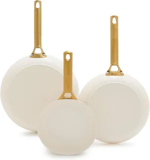 GreenPan Reserve Hard Anodized Healthy Ceramic Nonstick 8" 10" & 12" 3 Piece Frying Pan Skillet Set, Gold Handle, PFAS-Free, Dishwasher Safe, Oven Safe, Cream White
