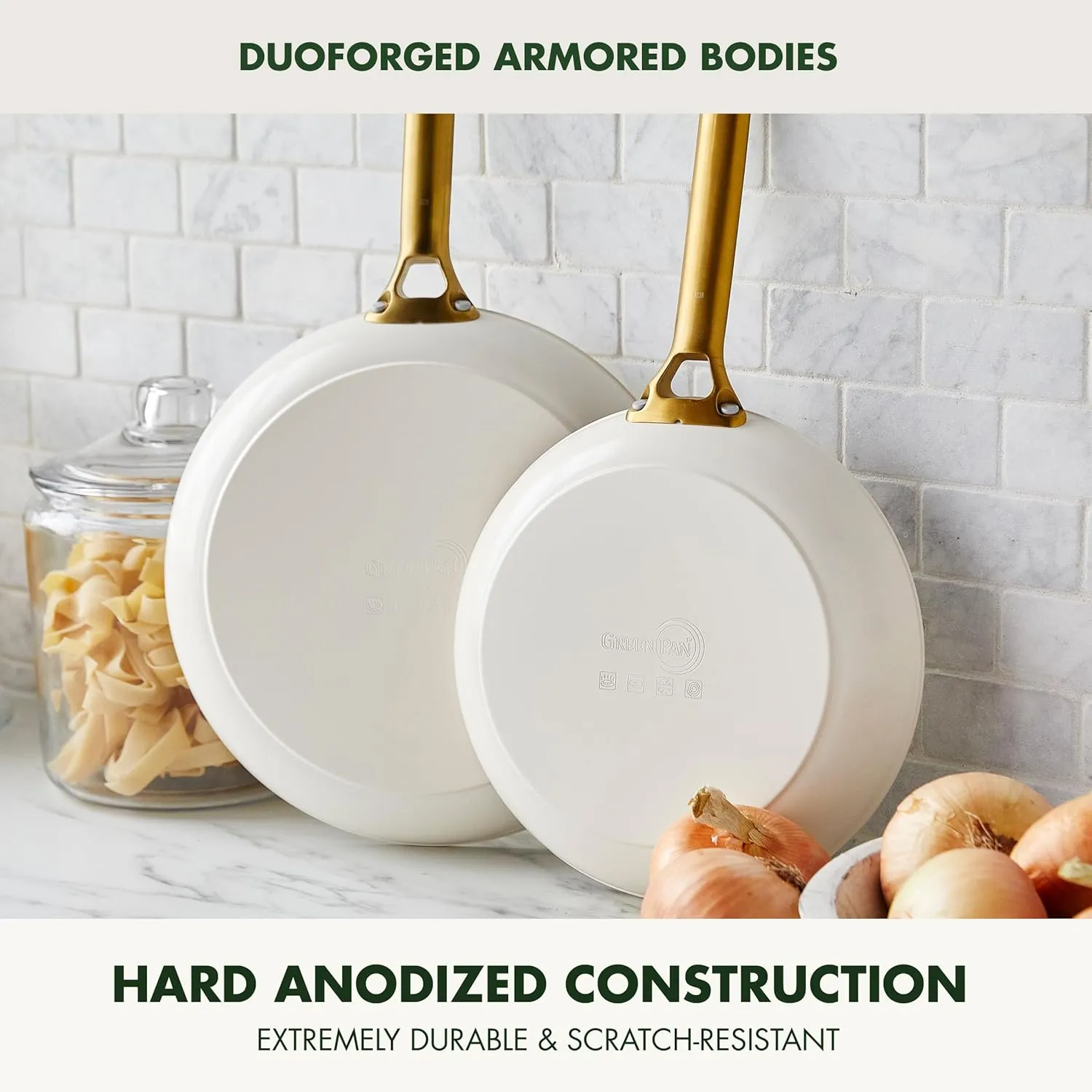 GreenPan Reserve Hard Anodized Healthy Ceramic Nonstick 8" 10" & 12" 3 Piece Frying Pan Skillet Set, Gold Handle, PFAS-Free, Dishwasher Safe, Oven Safe, Cream White