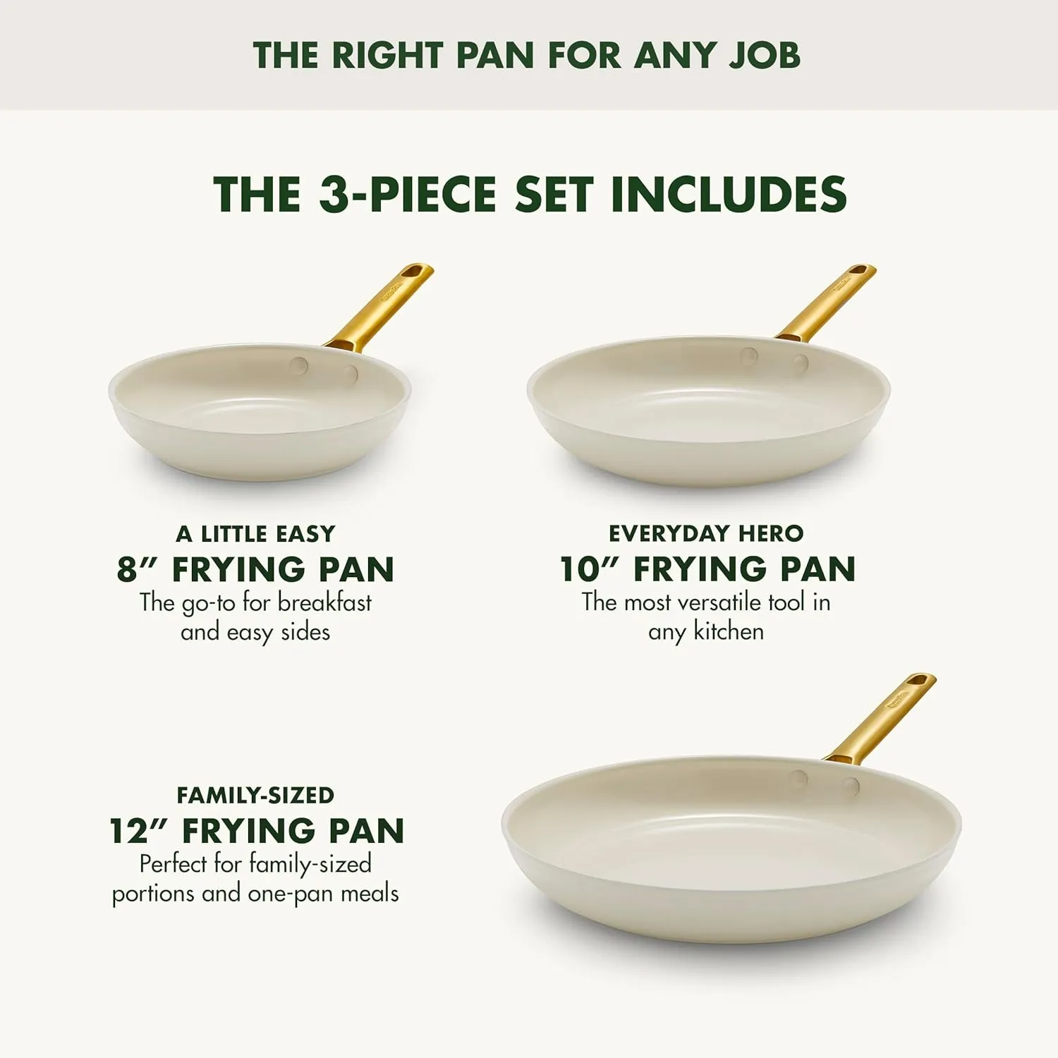 GreenPan Reserve Hard Anodized Healthy Ceramic Nonstick 8" 10" & 12" 3 Piece Frying Pan Skillet Set, Gold Handle, PFAS-Free, Dishwasher Safe, Oven Safe, Cream White