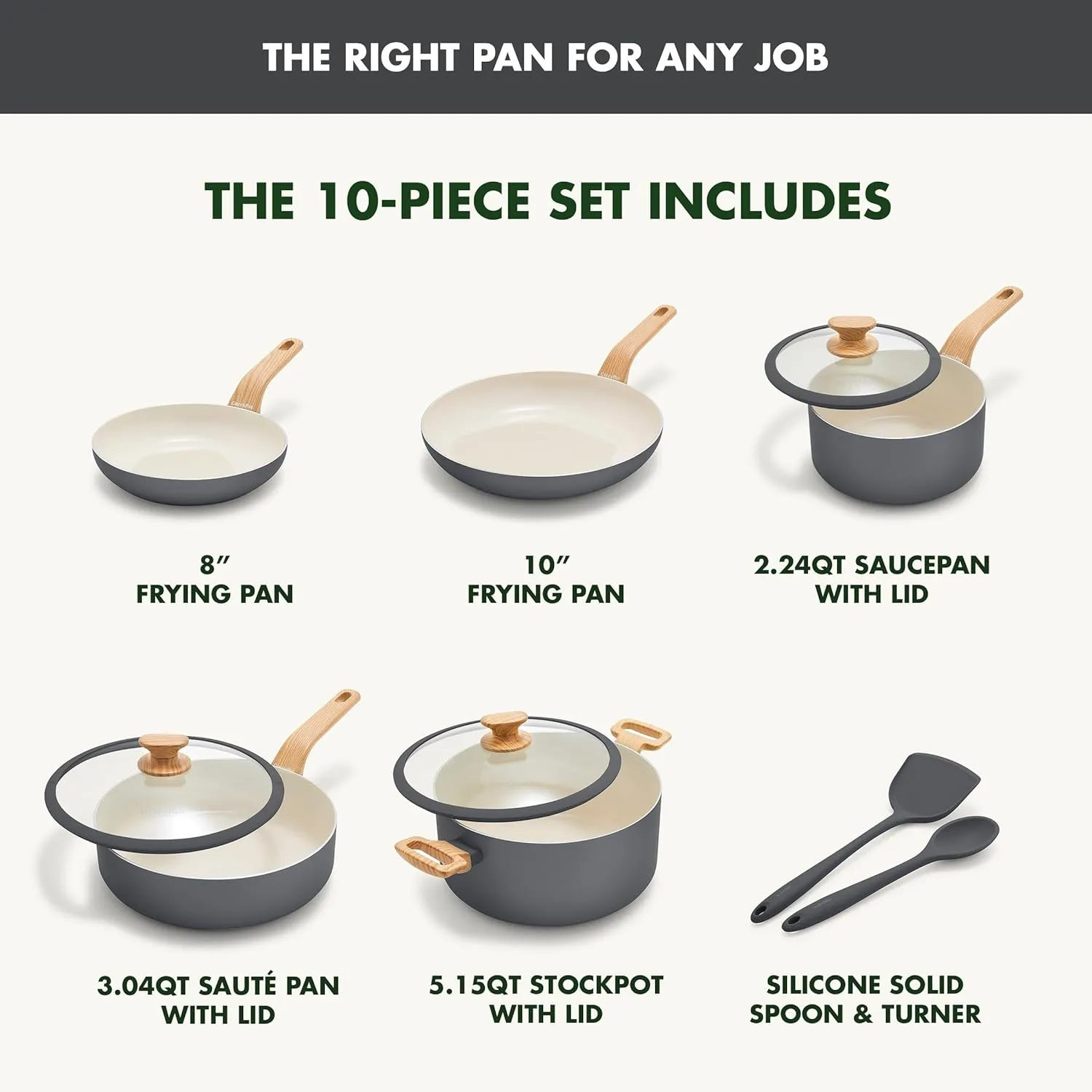 GreenPan Rio Essence Wood 10 Piece Cookware Pots and Pans Set, Healthy Ceramic Nonstick, PFOA & PFAS-Free Coating, Induction, Silicone Rim Lids, Stay-Cool Wood Print Handles, Dishwasher Safe, Gray