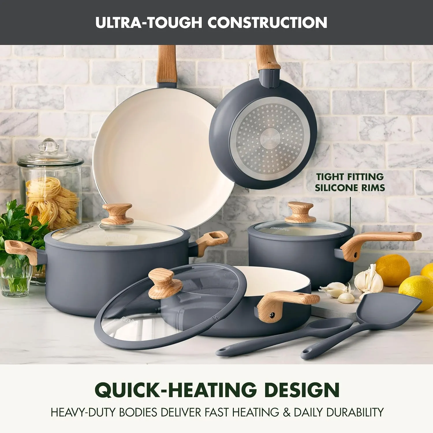 GreenPan Rio Essence Wood 10 Piece Cookware Pots and Pans Set, Healthy Ceramic Nonstick, PFOA & PFAS-Free Coating, Induction, Silicone Rim Lids, Stay-Cool Wood Print Handles, Dishwasher Safe, Gray