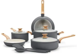 GreenPan Rio Essence Wood 10 Piece Cookware Pots and Pans Set, Healthy Ceramic Nonstick, PFOA & PFAS-Free Coating, Induction, Silicone Rim Lids, Stay-Cool Wood Print Handles, Dishwasher Safe, Gray