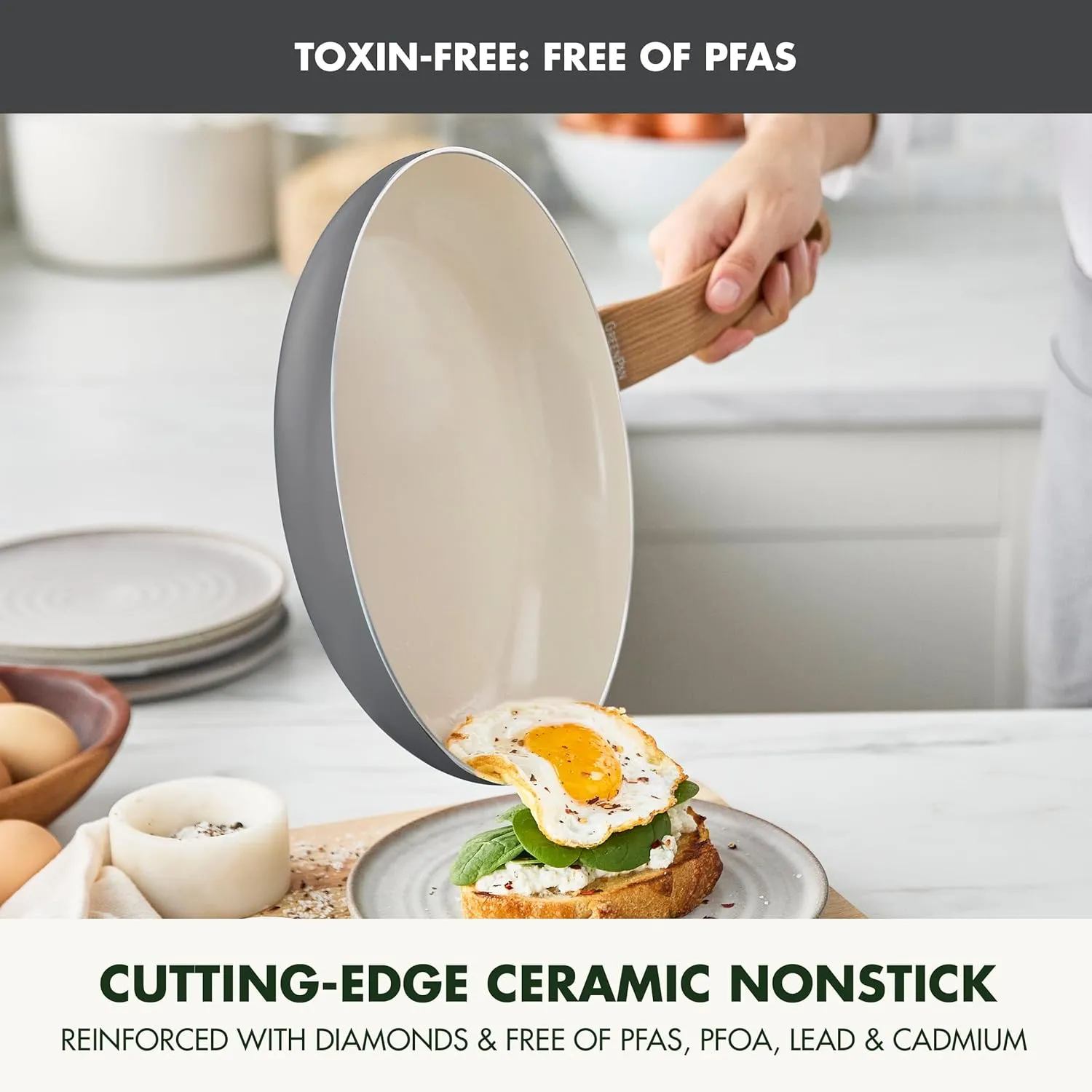 GreenPan Rio Essence Wood 10 Piece Cookware Pots and Pans Set, Healthy Ceramic Nonstick, PFOA & PFAS-Free Coating, Induction, Silicone Rim Lids, Stay-Cool Wood Print Handles, Dishwasher Safe, Gray