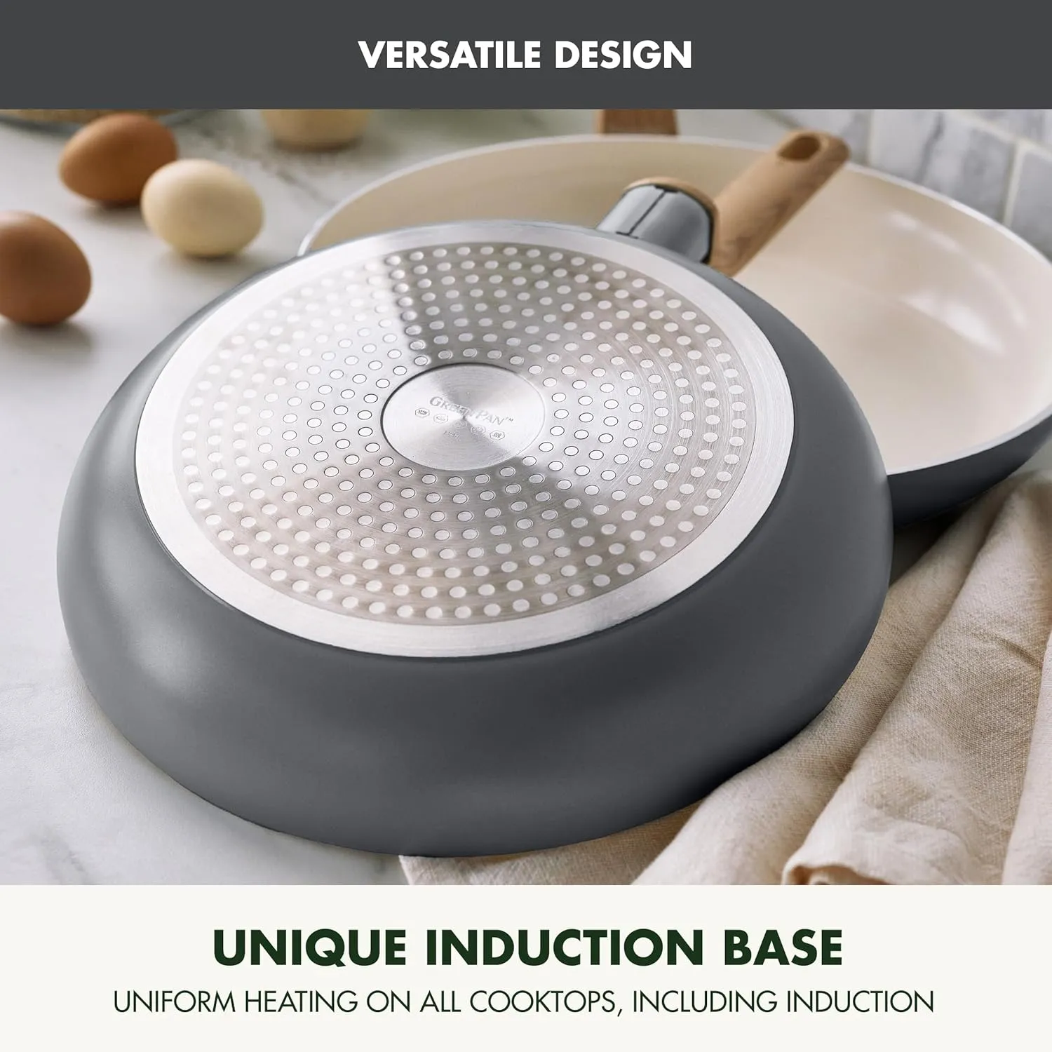 GreenPan Rio Essence Wood 10 Piece Cookware Pots and Pans Set, Healthy Ceramic Nonstick, PFOA & PFAS-Free Coating, Induction, Silicone Rim Lids, Stay-Cool Wood Print Handles, Dishwasher Safe, Gray