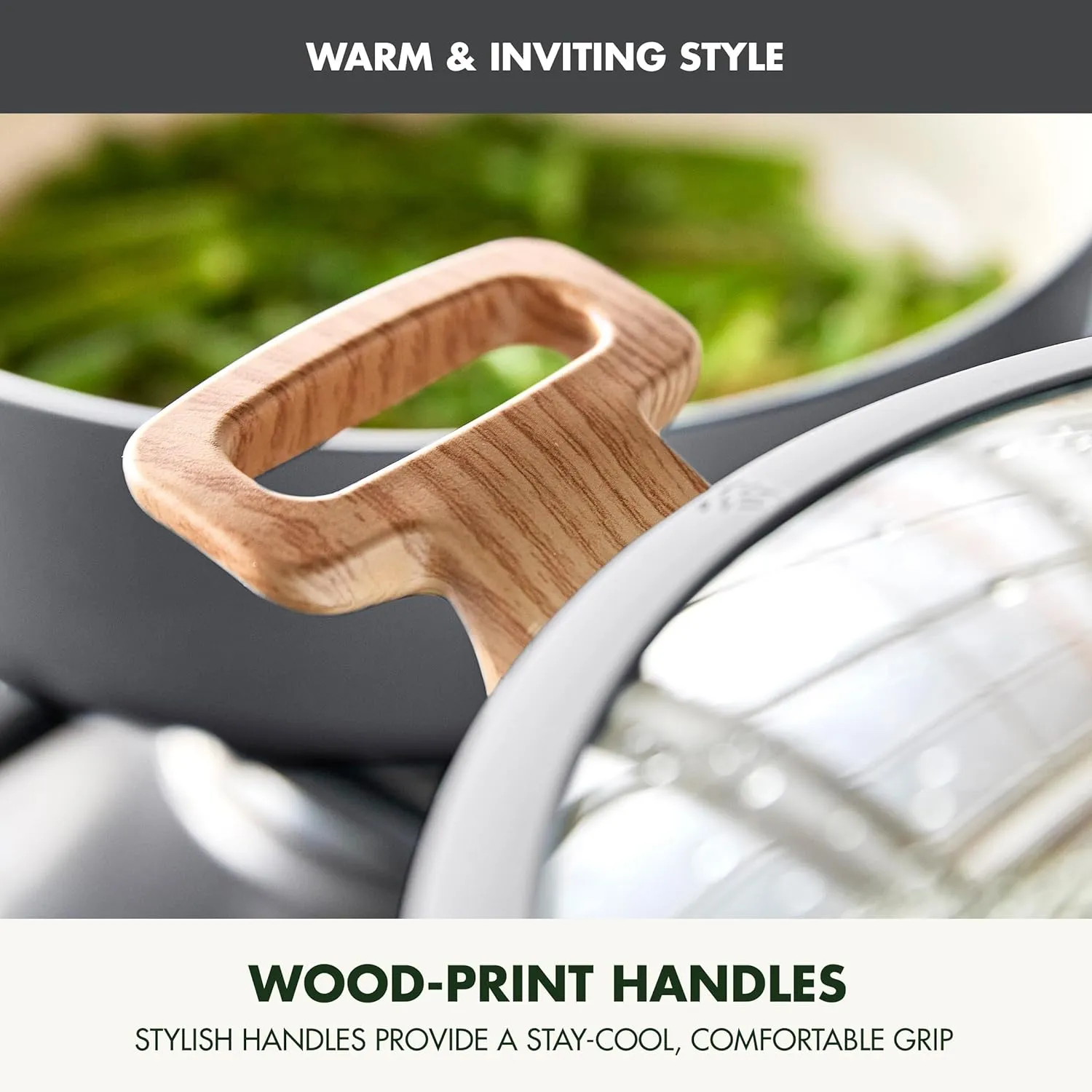 GreenPan Rio Essence Wood 10 Piece Cookware Pots and Pans Set, Healthy Ceramic Nonstick, PFOA & PFAS-Free Coating, Induction, Silicone Rim Lids, Stay-Cool Wood Print Handles, Dishwasher Safe, Gray