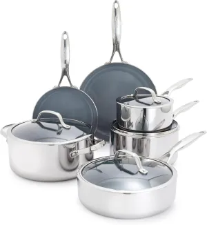 GreenPan Valencia Pro Stainless Steel 10 Piece Cookware Pots and Pans Set, Induction Suitable Mirrored Tri-Ply, Ceramic Nonstick PFAS-Free PFOA-Free Coating, Multi Clad, Dishwasher Oven & Broiler Safe