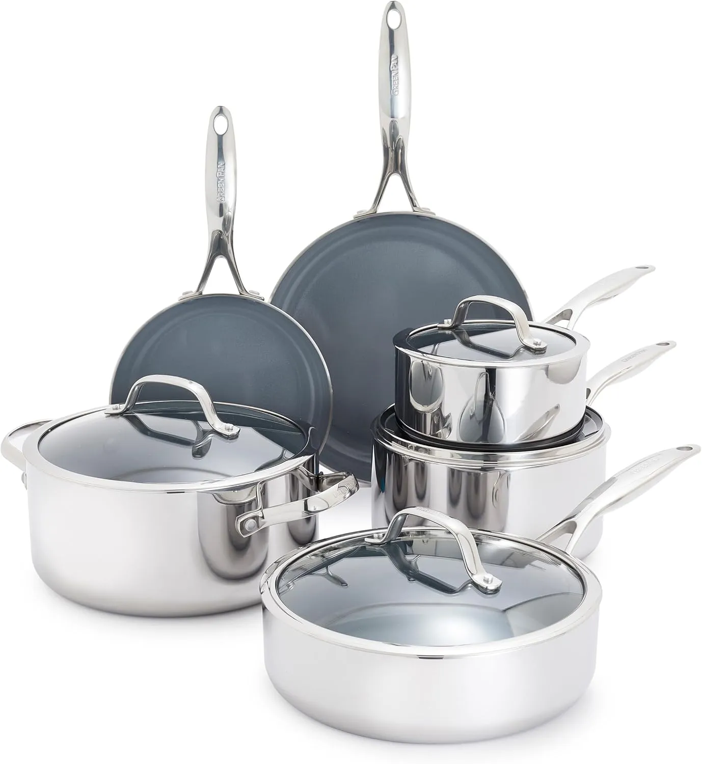 GreenPan Valencia Pro Stainless Steel 10 Piece Cookware Pots and Pans Set, Induction Suitable Mirrored Tri-Ply, Ceramic Nonstick PFAS-Free PFOA-Free Coating, Multi Clad, Dishwasher Oven & Broiler Safe