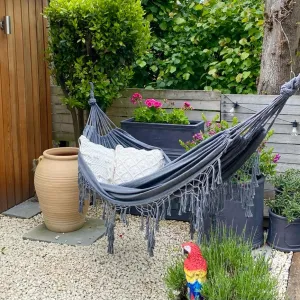 Grey Brazilian Style Hammock - Canvas Tassels Crochet Fringe Double EXTRA-LARGE