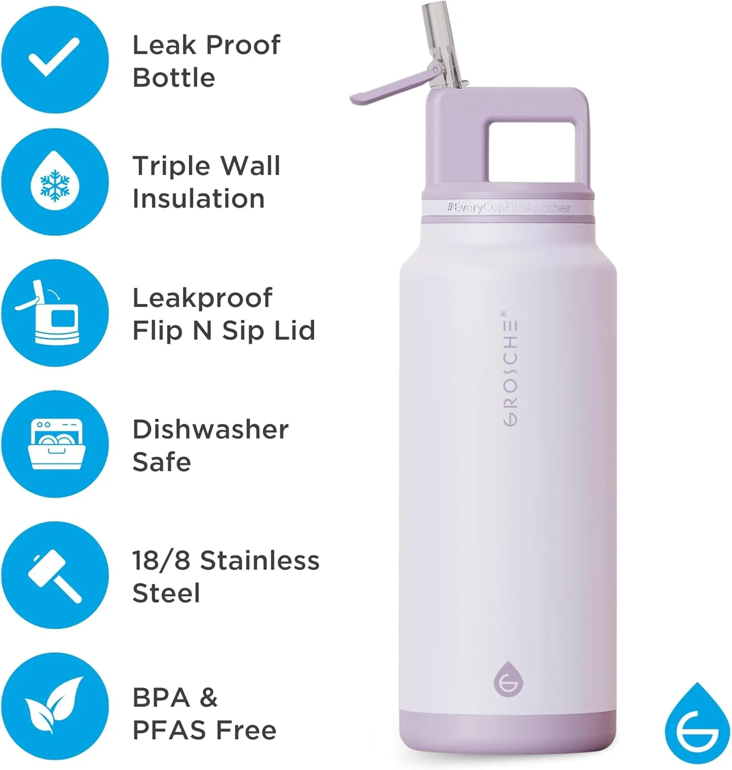 GROSCHE Alpine Flip n' Sip 40 oz Insulated Water Bottle - Stainless Steel, Leakproof Flask with Straw - Perfect for Gym, Travel & Outdoor Use - Keeps Water Cold up to 60 hrs - Lavender