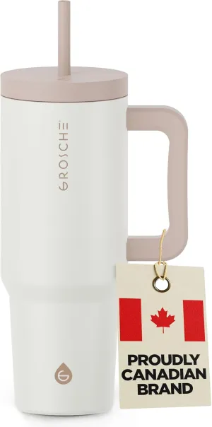 GROSCHE ASPEN 40 oz tumbler with handle and straw. Extreme insulation, classy design, built to last insulated stainless steel tumbler with handle, lid and straw - CREAM WHITE
